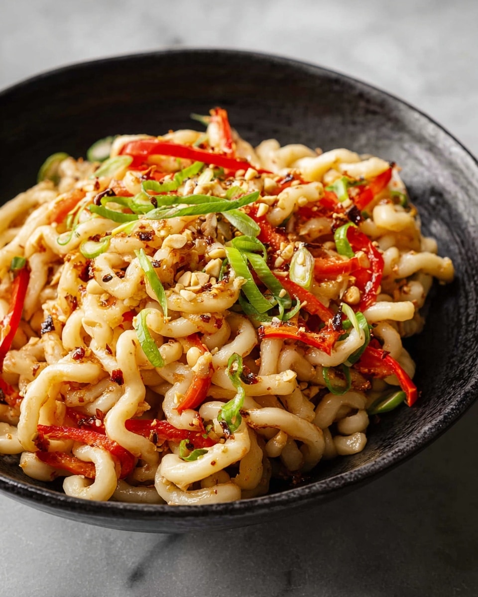 A close-up of a black bowl filled with thick, curly udon noodles that are light beige in color, mixed with thin strips of bright red bell pepper and light green scallion curls scattered on top and throughout the noodles. Specks of dark chili flakes and small pieces of crushed peanuts are spread evenly, giving the noodles a spicy, textured look. The bowl is placed on a white marbled surface with soft lighting highlighting the glossy, slightly oily texture of the noodles. photo taken with an iphone --ar 4:5 --v 7