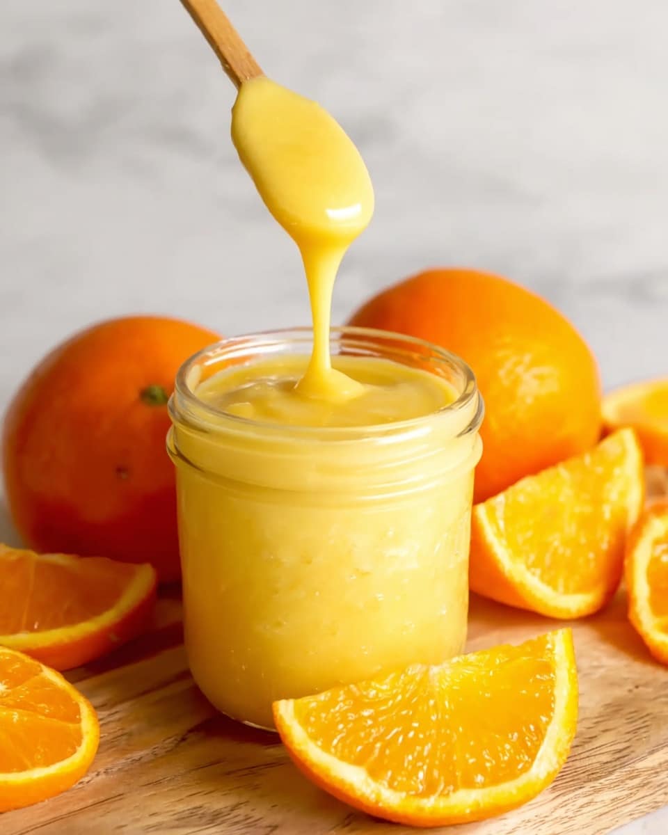 A clear jar filled with thick yellow sauce with a smooth and creamy texture sits in the center on a wooden board. A spoon above the jar holds some of the sauce that is dripping back into the jar, showing the sauce’s rich and glossy look. Around the jar, there are bright orange slices and whole oranges, adding a fresh, juicy contrast with their shiny, textured orange skin and juicy, segmented interior. The background is a clean white marbled surface. photo taken with an iphone --ar 4:5 --v 7