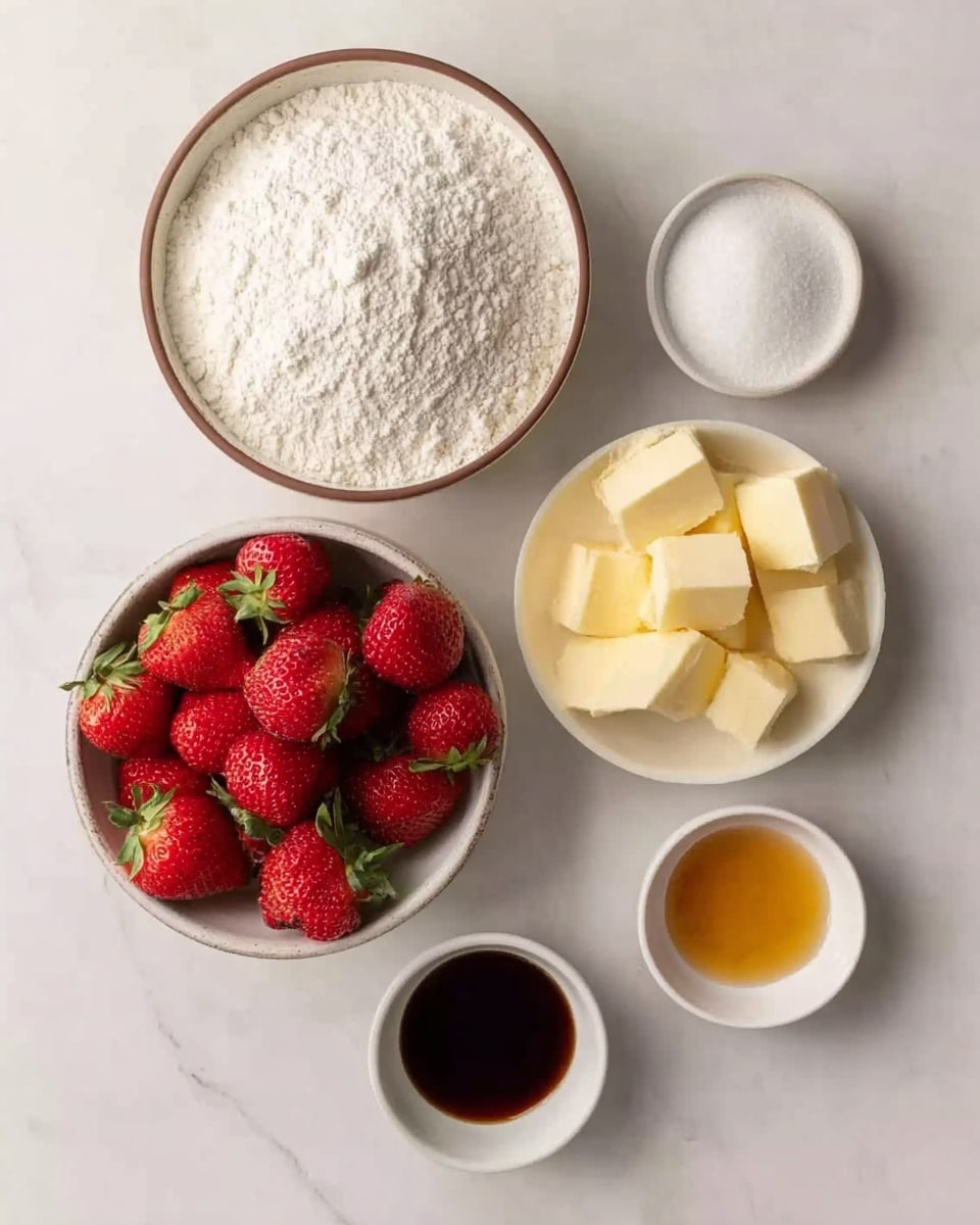 The image shows six white dishes on a white marbled surface. In the center-left, there is a round white bowl filled with white flour. Above it, a round bowl with a brown rim is full of fresh red strawberries with green stems. To the right of the strawberries is a small white bowl with neatly cut yellow butter cubes. There is a small white bowl with white granulated sugar placed above the bowl of flour. Below these bowls, there are two small white bowls; the one on the left holds a dark liquid, likely vanilla extract, and the right one contains a light golden liquid, possibly honey or syrup. A woman’s hand is not present in this image. Photo taken with an iphone --ar 4:5 --v 7