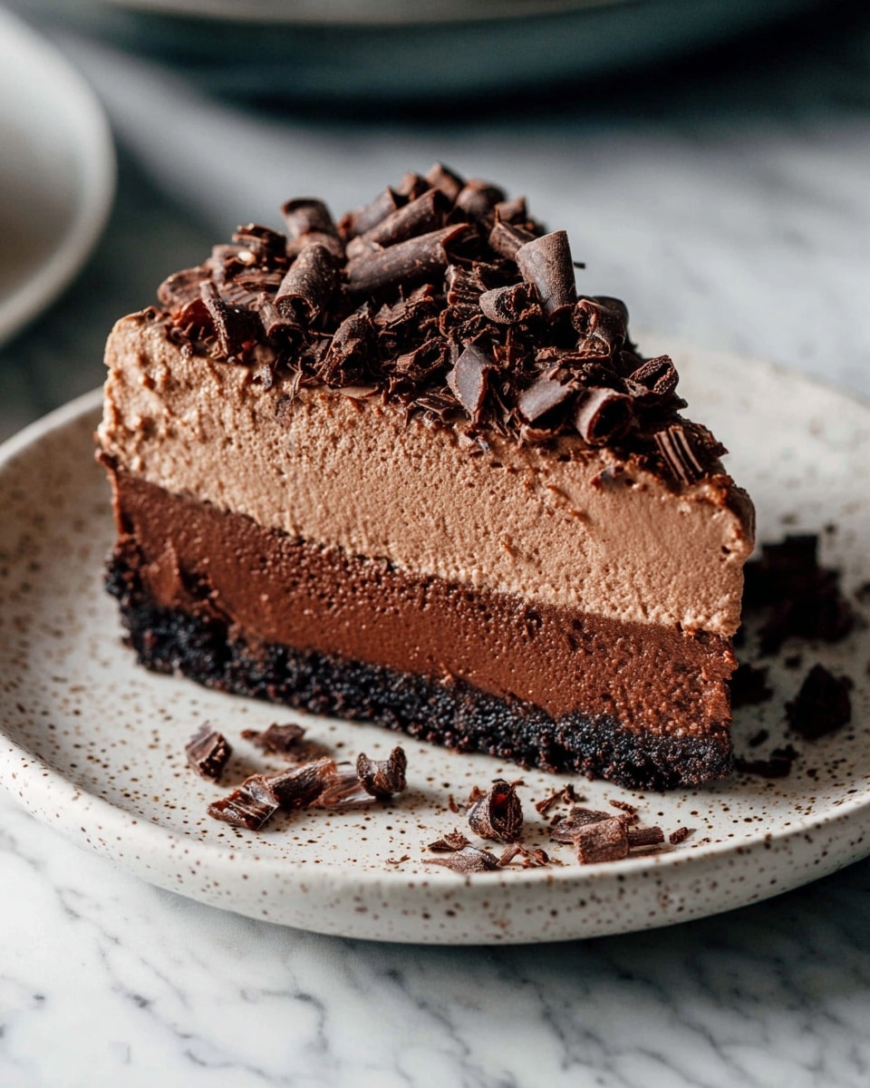 A slice of rich chocolate mousse cake on a white speckled plate sits on a white marbled surface. The cake has three clear layers, starting from the bottom: a dark crumbly crust, a smooth dense chocolate mousse layer in the middle, and a thick airy chocolate mousse layer on top. The top of the cake is decorated with dark chocolate curls spread over the mousse and around the plate. The textures look soft and creamy, with some crumbs visible. Photo taken with an iphone --ar 4:5 --v 7