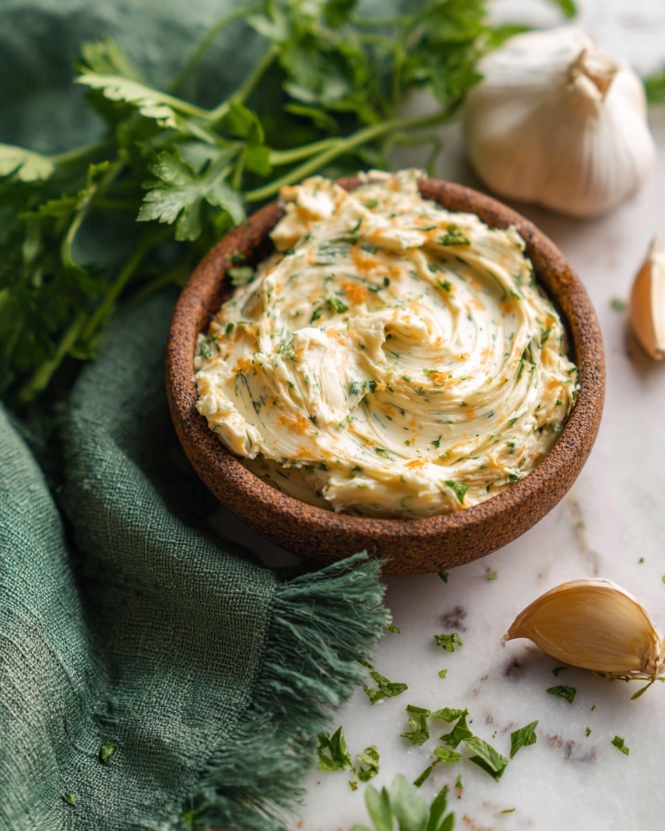 A small round bowl with a rough brown outer edge and a smooth inner white surface is filled with creamy, pale yellow herb butter mixed with small green and orange herb bits, swirled smoothly inside. The bowl sits on a white marbled surface, and nearby are fresh green parsley sprigs, a peeled garlic clove, and some loose garlic skin. A green cloth with frayed edges lies in the background. The scene is warmly lit, emphasizing the soft texture of the butter and the fresh herbs around it. photo taken with an iphone --ar 4:5 --v 7
