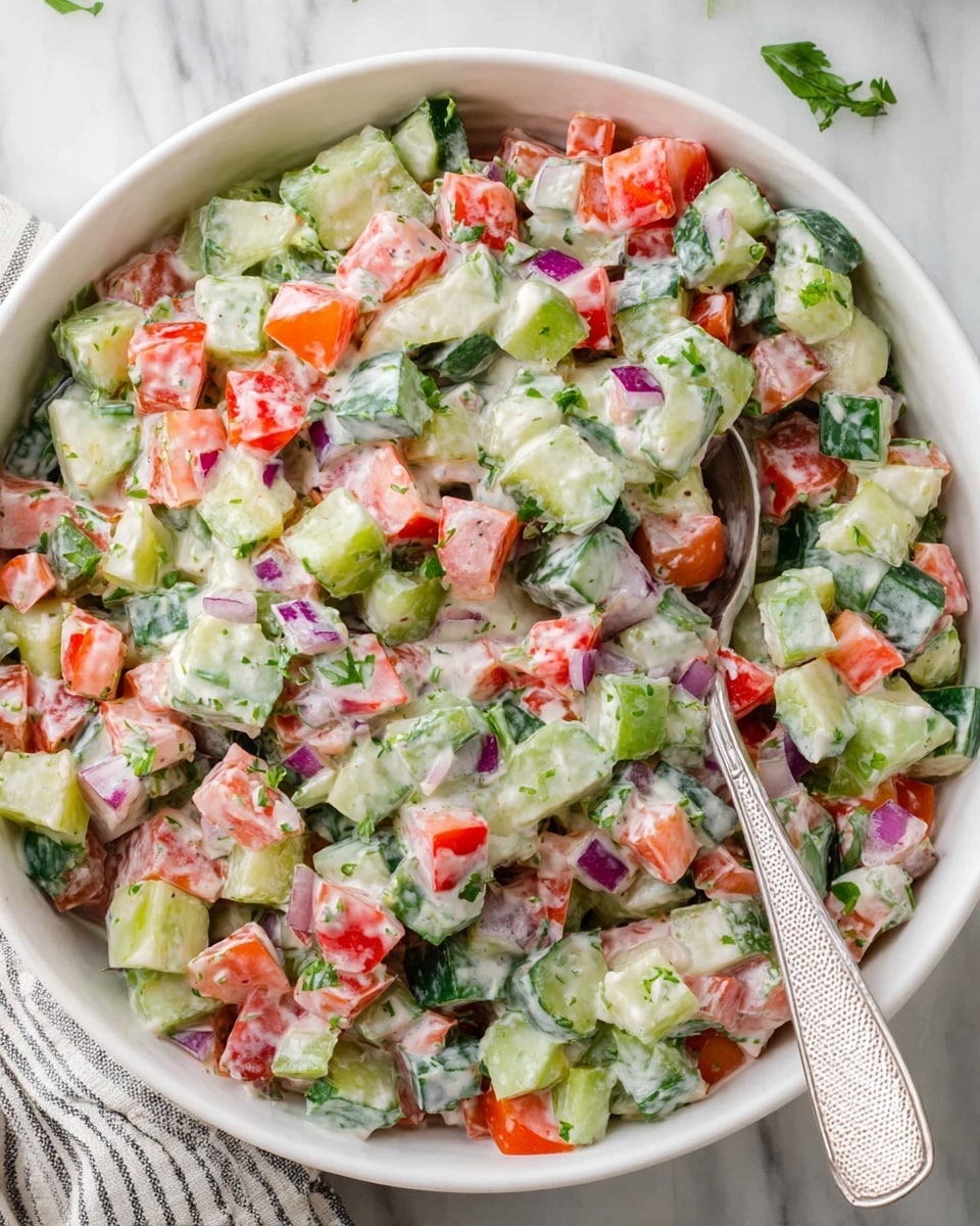 A white bowl filled with a colorful vegetable salad made of small diced pieces in multiple layers: bright red tomato pieces, light green cucumber chunks, small dark green bell pepper bits, and tiny purple onion pieces all mixed evenly. The salad is coated in a creamy white dressing that lightly covers each vegetable piece. A silver spoon with a textured handle rests inside the bowl, slightly submerged in the salad. The bowl sits on a white marbled surface with a glimpse of a striped cloth nearby. photo taken with an iphone --ar 4:5 --v 7