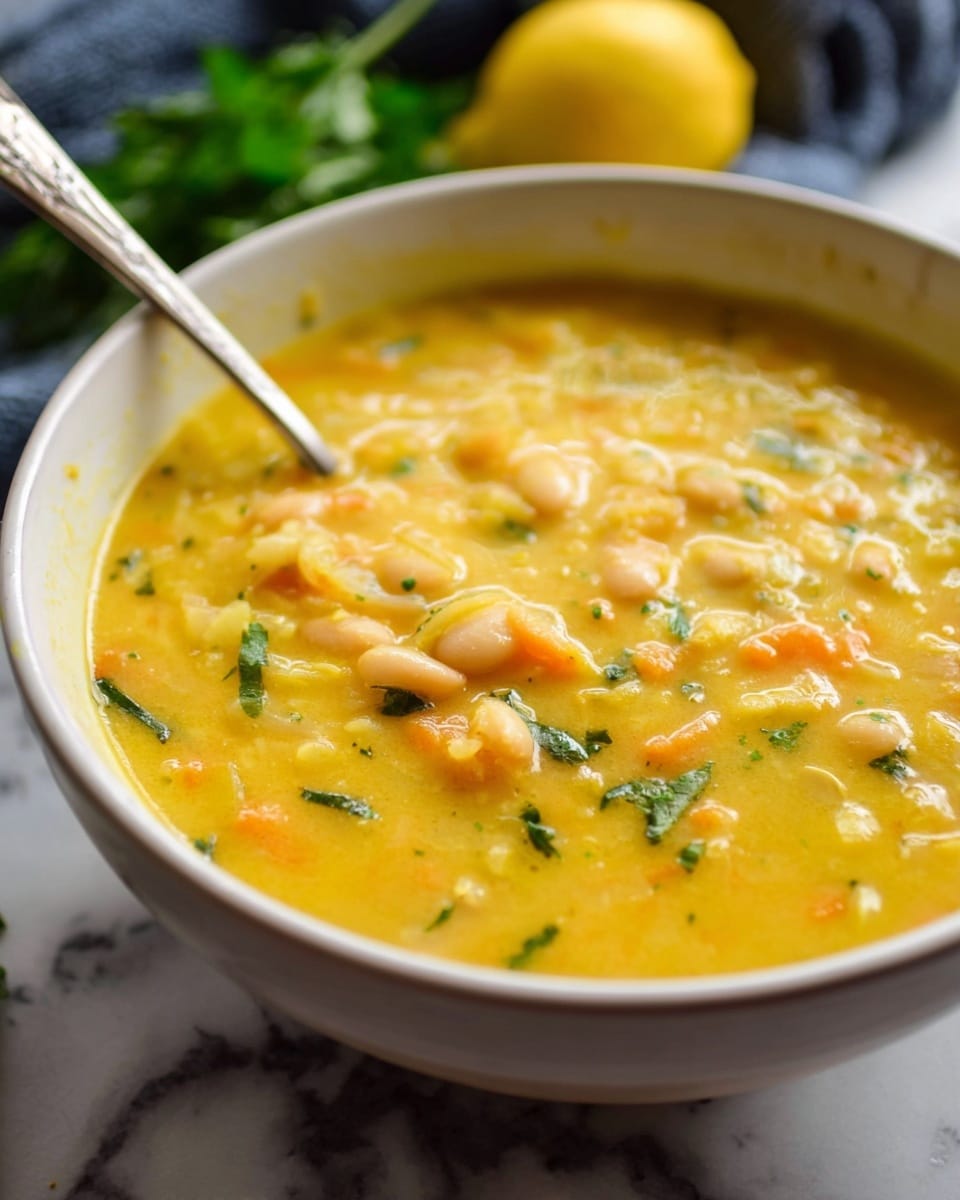 A close-up view of a white bowl filled with thick yellow soup that has a creamy texture. The soup contains small white beans, bits of orange vegetables, and green herb flecks scattered throughout. A silver spoon is resting inside the bowl on the left side, partly submerged into the soup. In the background, there is a blurred yellow lemon cut in half and some green herbs, placed on a surface with a white marbled texture. The image has soft natural light highlighting the different colors and textures of the soup, photo taken with an iphone --ar 4:5 --v 7