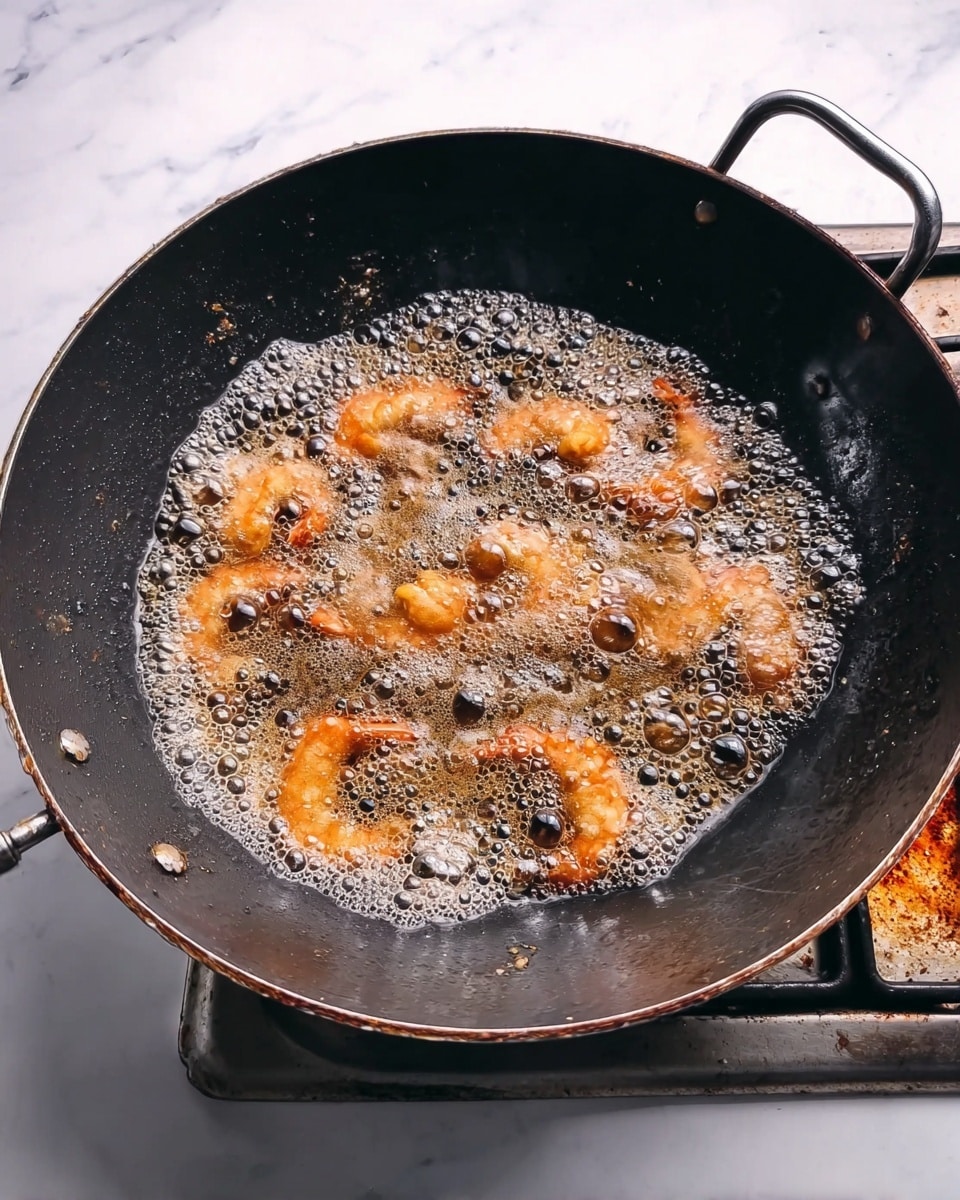 A black metal wok sits on a white stove with some rust marks around the burner. Inside the wok, several orange shrimp are frying in bubbling hot oil. The oil is bubbling strongly, creating foam and many small round bubbles all over the surface. The shrimp pieces are partially visible under the foam, showing their texture. The background is a white marbled surface. photo taken with an iphone --ar 4:5 --v 7
