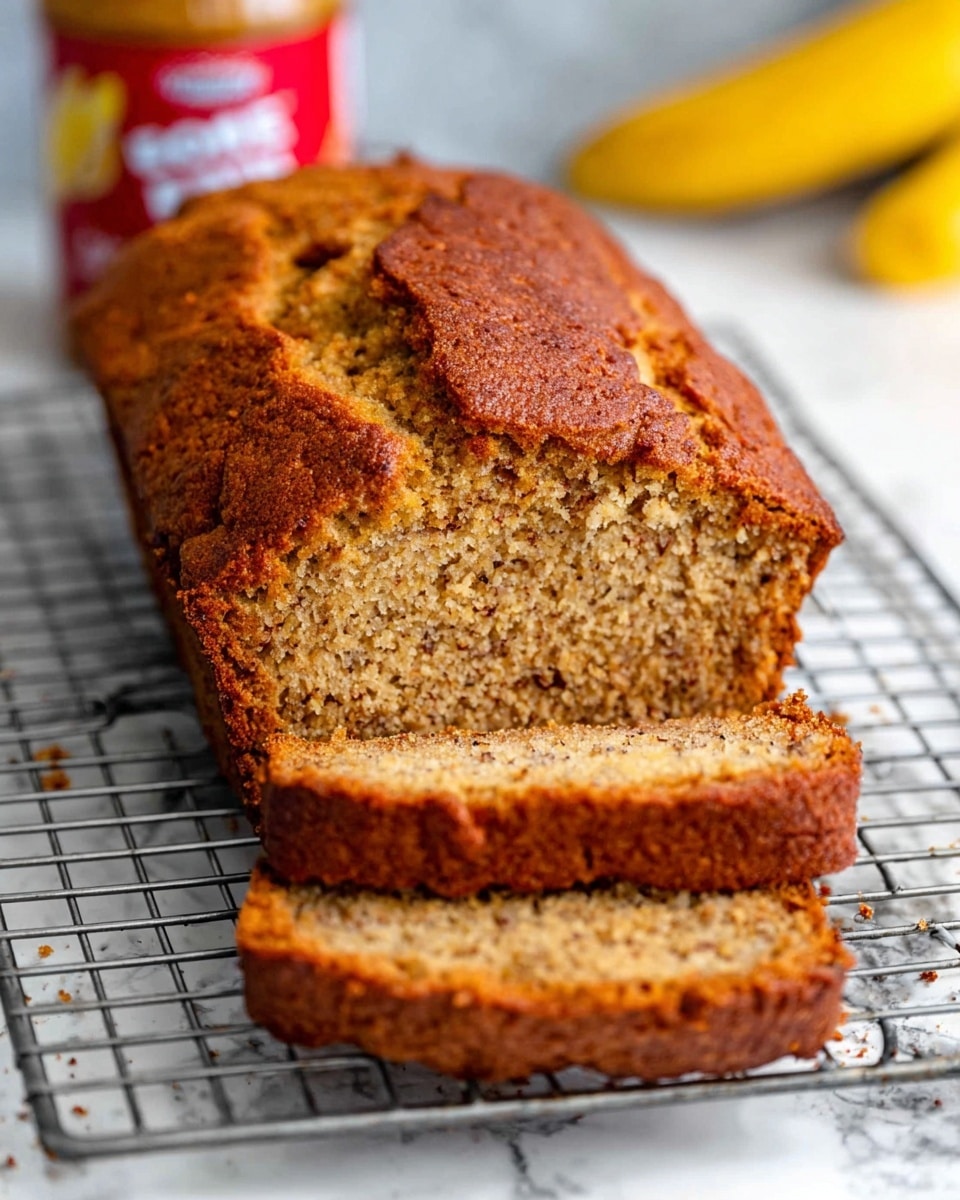 A golden brown loaf of banana bread rests on a metal cooling rack over a white marbled surface. The loaf has a rough, cracked top with a rustic texture. Two slices are cut from the front side, showing the soft, moist inside with tiny brown specks and a light, grainy texture. In the blurred background, a jar with a red label and a yellow banana are visible. photo taken with an iphone --ar 4:5 --v 7