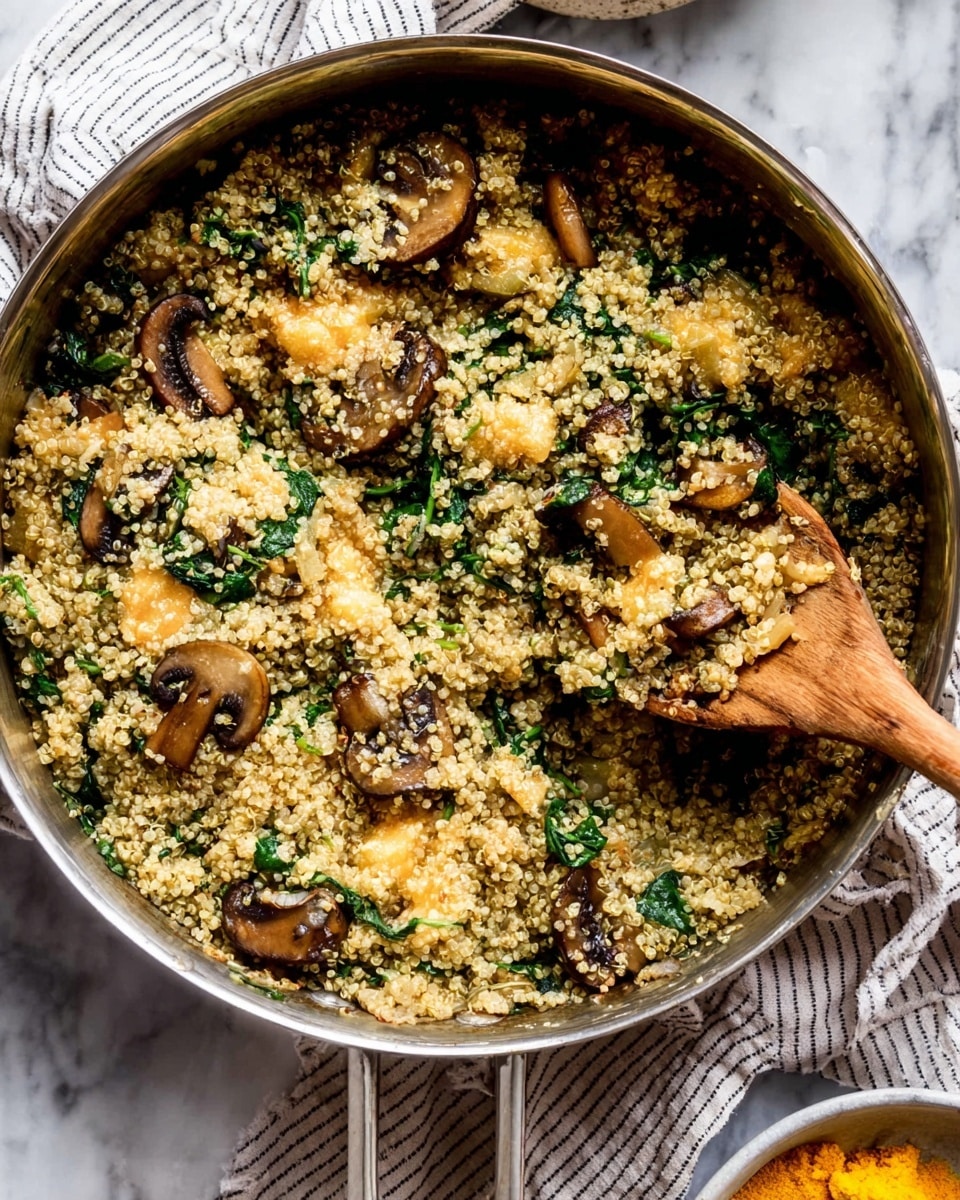 A large metal pan contains a textured mix of cooked quinoa as the base layer, light beige in color, mixed evenly with small, dark brown slices of cooked mushrooms scattered throughout. Bright green spinach leaves are mixed in, adding bursts of green. On top, there are chunks of soft, light golden-yellow cheese, some with hints of browning, spread unevenly. A wooden spoon is placed inside the pan, lifting a portion of this mixture, showing the layers and textures clearly. The pan rests on a white marbled surface with a striped white and gray cloth nearby and a small bowl with bright yellow contents partially visible at the bottom. Photo taken with an iphone --ar 4:5 --v 7