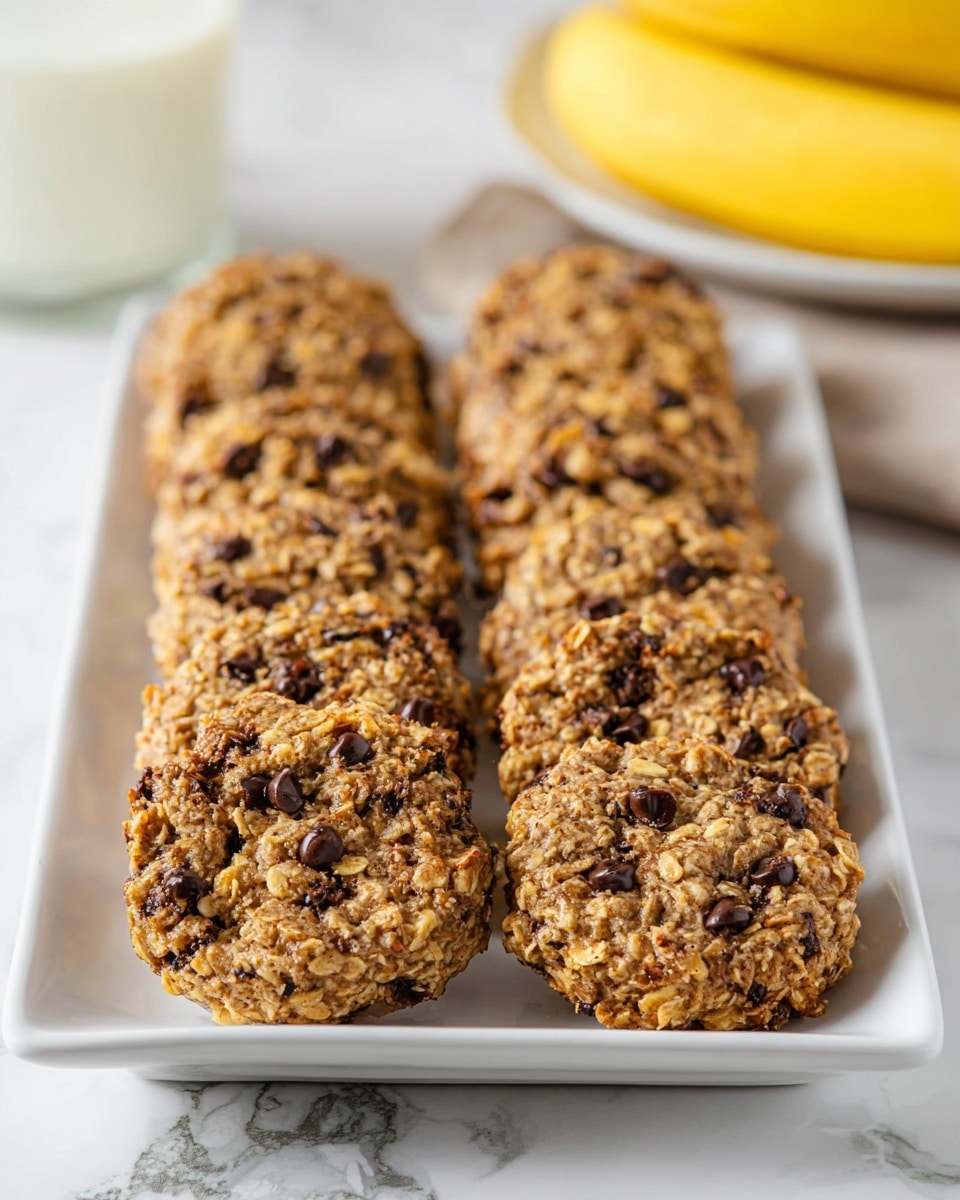 A white rectangular plate holds two neat rows of round oatmeal cookies with chocolate chips, arranged upright and touching each other. Each cookie has a rough, textured surface showing oats and small dark chocolate bits scattered throughout, with a few golden-brown spots from baking. The plate sits on a white marbled surface, with a soft blurred background that includes a glass of milk and a plate with yellow bananas partially visible. Photo taken with an iphone --ar 4:5 --v 7