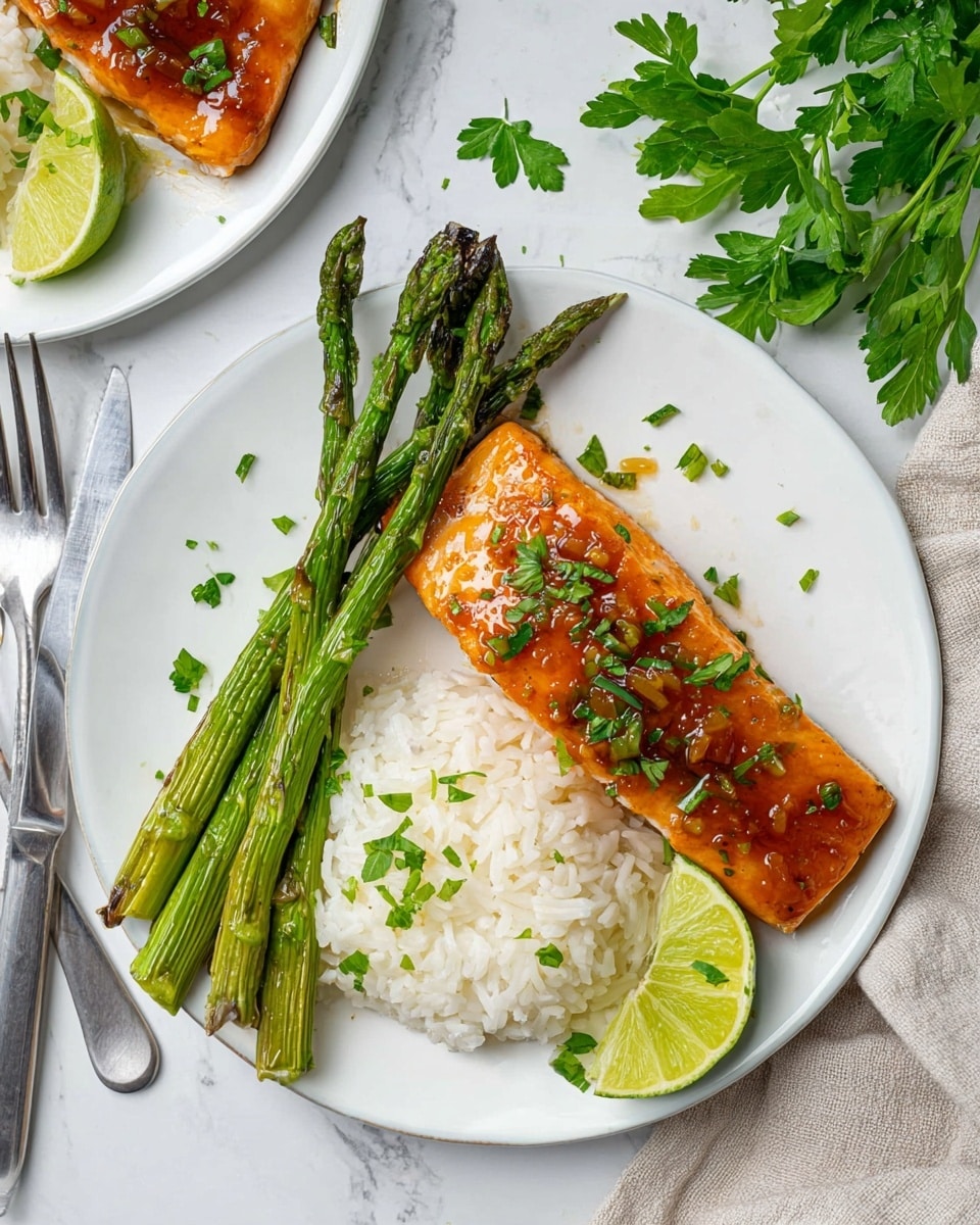 The image shows a white plate with three main layers of food arranged simply: at the bottom left, a small mound of white rice with a soft, fluffy texture; next to it, three bright green grilled asparagus stalks with slightly dark grill marks, angled across the rice; on the right side, a rectangular piece of glazed salmon with a shiny, caramelized orange-brown surface topped with small bits of herbs and sauce; a wedge of bright green lime rests just beside the salmon, adding a fresh touch; the salmon is garnished with a small green parsley leaf, and tiny green parsley flakes are scattered lightly on the plate; the white marbled surface underneath complements the clean, fresh look; a silver fork and knife sit to the left of the plate, and part of a second plate with similar food is partially visible at the top left corner; fresh parsley sprigs are on the top right side; the photo taken with an iphone --ar 4:5 --v 7