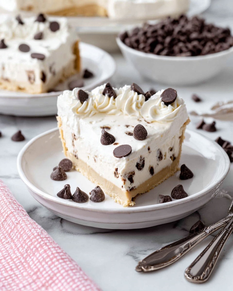 A slice of creamy dessert with three layers sits on a white plate placed on a white marbled surface. The bottom layer is a firm, light golden crust. Above it is a thick, smooth white mousse mixed with small dark chocolate chips. The top layer is a swirl of white whipped cream, decorated with several whole dark chocolate chips. Around the plate, more dark chocolate chips are scattered. In the background, a white bowl filled with dark chocolate chips and a white plate with more dessert slices are visible, along with two silver forks near the plate. A pink and white cloth is partly shown at the bottom left corner. Photo taken with an iphone --ar 4:5 --v 7