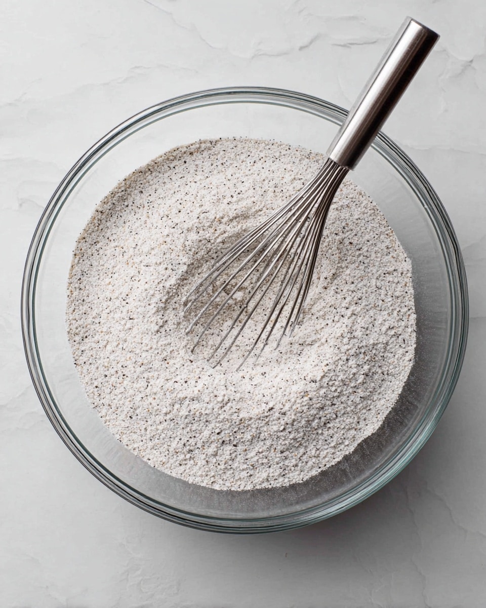 A clear glass mixing bowl filled with a fine white powder that has small dark specks mixed in, giving it a grainy texture; inside the bowl is a metal whisk with a long handle resting slightly tilted in the powder. The bowl is placed on a white marbled surface, showing a top-down view with soft natural lighting highlighting the textures. photo taken with an iphone --ar 4:5 --v 7