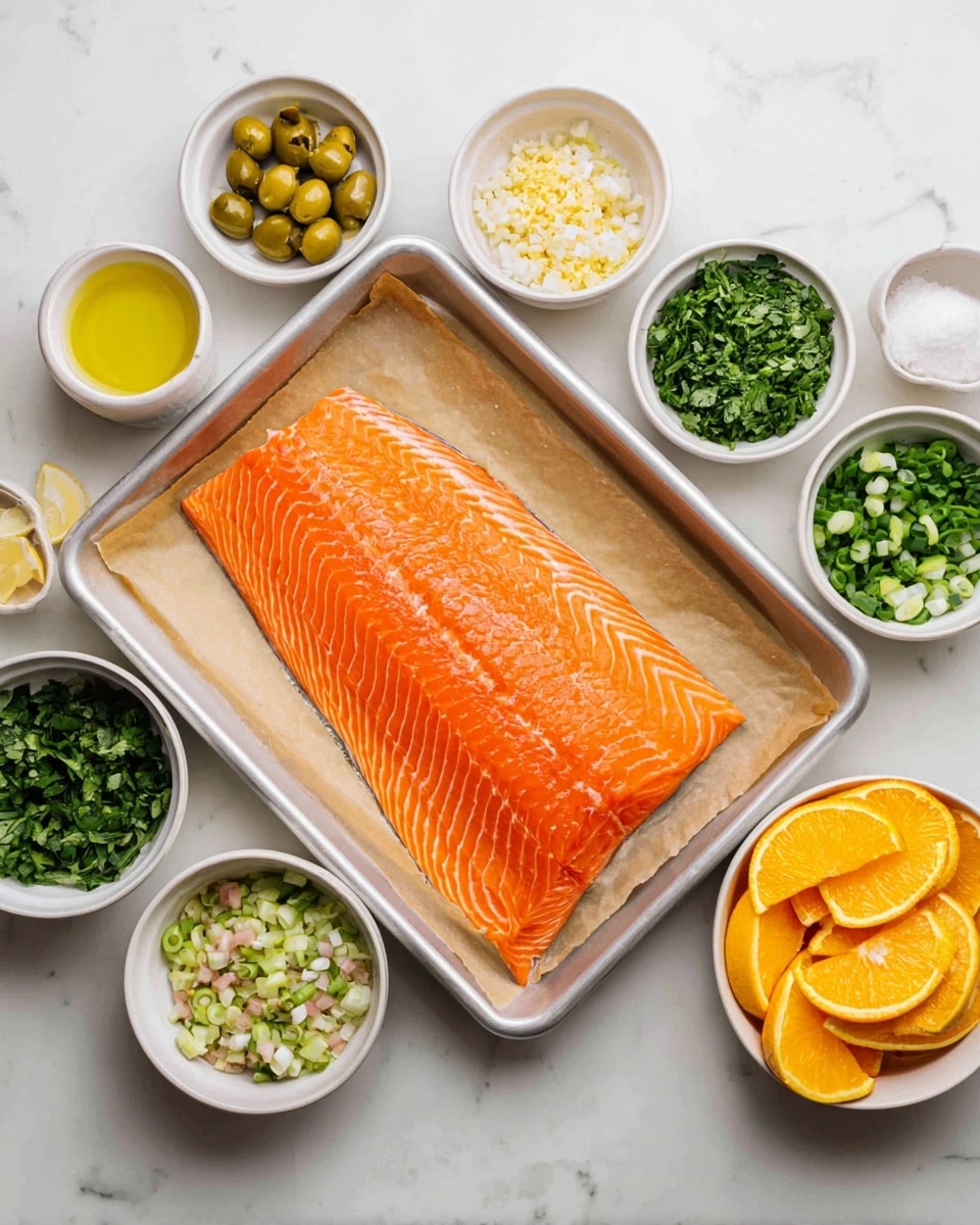A large, raw salmon fillet with bright orange color and white lines is placed on parchment paper inside a metal tray in the center. Surrounding the tray are small white bowls with different ingredients: sliced green olives in the top left, chopped green herbs below that, minced shallots below the herbs, grated garlic to the right of the herbs, lemon zest mixed with salt in another bowl below the garlic, chopped green onions to the right of the lemon zest, green leafy herbs to the right of the green onions, a small bowl of olive oil, a small bowl of salt, and white bowls filled with bright orange sliced citrus on the far right. The whole arrangement sits on a white marbled surface. Photo taken with an iphone --ar 4:5 --v 7