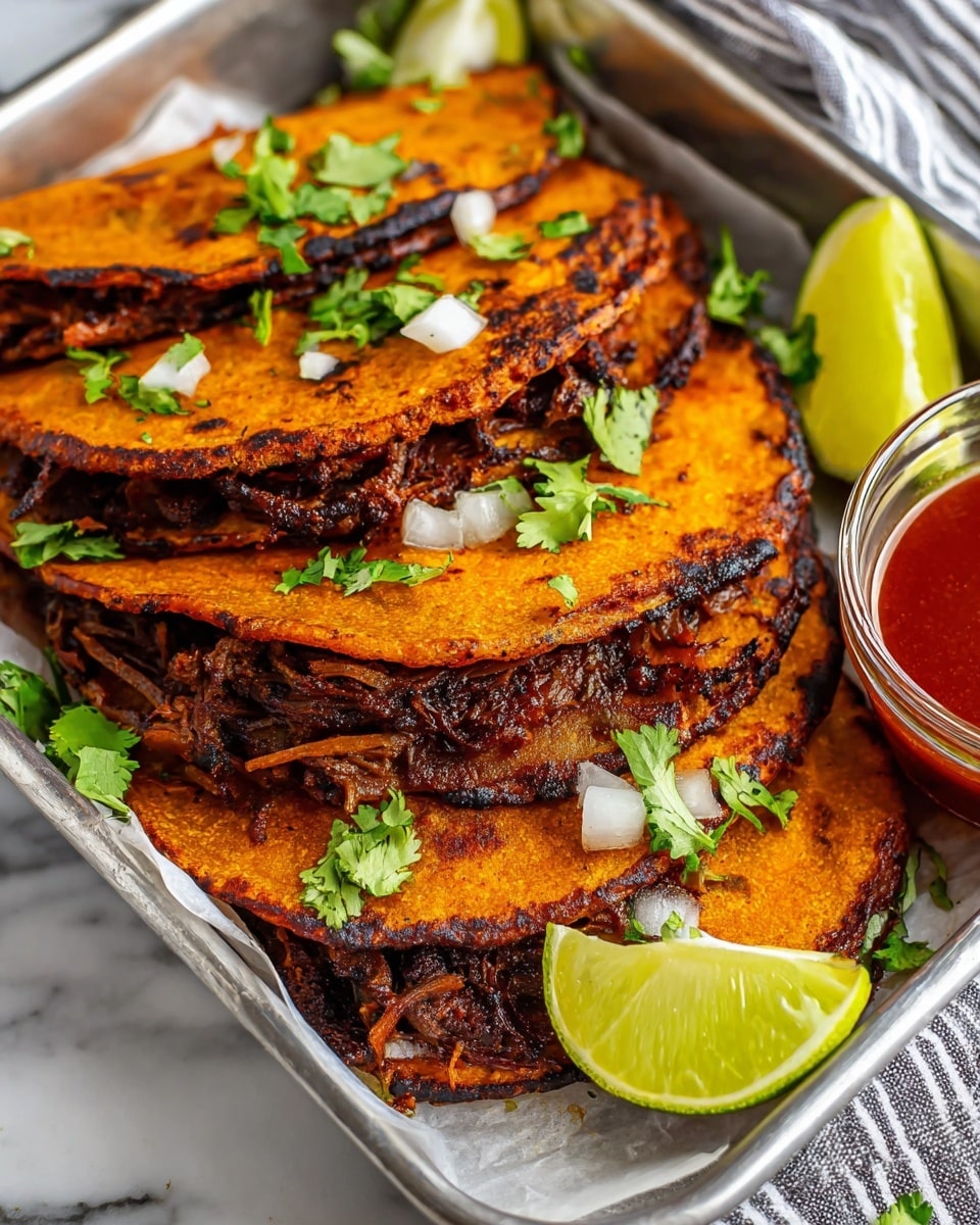 The image shows a stack of five crispy red-orange tacos with dark charred edges, filled with dark brown shredded meat. The tacos are folded and stacked in a slightly messy way on a silver tray lined with white parchment paper. Small pieces of white onion and bright green cilantro leaves are scattered on top for garnish. On the tray next to the tacos are two wedges of lime adding a fresh yellow-green contrast. A small glass bowl filled with red sauce is partially visible on the right side. The composition rests on a white marbled surface with a striped cloth nearby. Photo taken with an iphone --ar 4:5 --v 7