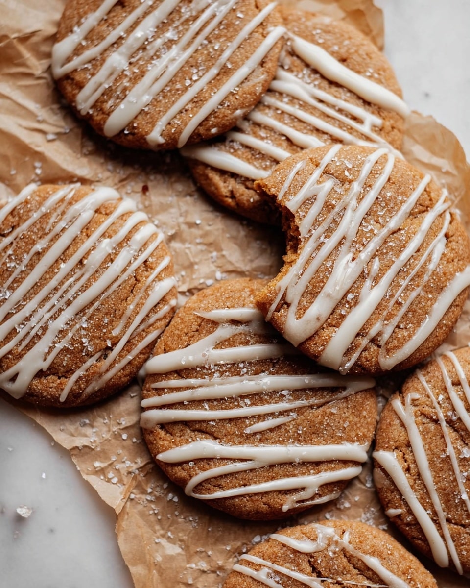 A close-up view of seven round cookies with a light brown color and a soft texture, each topped with thin white icing drizzled diagonally across them. One cookie in the center has a bite taken out, showing its chewy inside. The cookies are placed on crumpled parchment paper with some sugar sprinkled on top and between them. The background surface is a white marbled texture. photo taken with an iphone --ar 4:5 --v 7