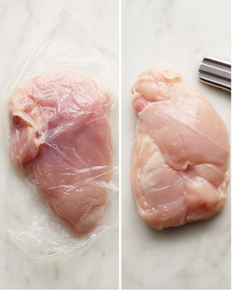 The image shows two views of a single piece of raw light pink chicken on a white marbled surface. On the left side, the chicken is covered with a clear plastic wrap and a metal meat tenderizer is partially visible in the top right corner. On the right side, the chicken is lying flat without the plastic wrap, showing a smooth and slightly shiny texture. The chicken has soft natural curves and light fat edges, with no additional ingredients or garnishes visible. photo taken with an iphone --ar 4:5 --v 7