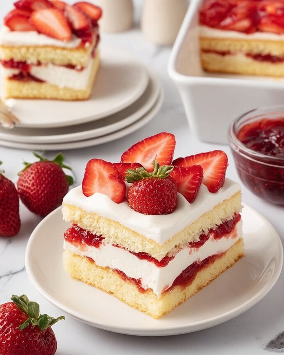 The image shows a square slice of strawberry shortcake on a white plate. The cake has three main layers: the bottom layer is a light yellow sponge cake with a soft texture, the middle layer is a bright red strawberry filling that is slightly chunky, and the top layer is a thick white cream layer. On top of the cream, there are five fresh strawberry slices arranged in a circular pattern with one whole strawberry in the center. In the background, there are two whole strawberries, another plate with a larger piece of layered cake, a white baking dish with more cake, and a small white bowl filled with strawberry jam, all placed on a white marbled surface. Photo taken with an iphone --ar 4:5 --v 7