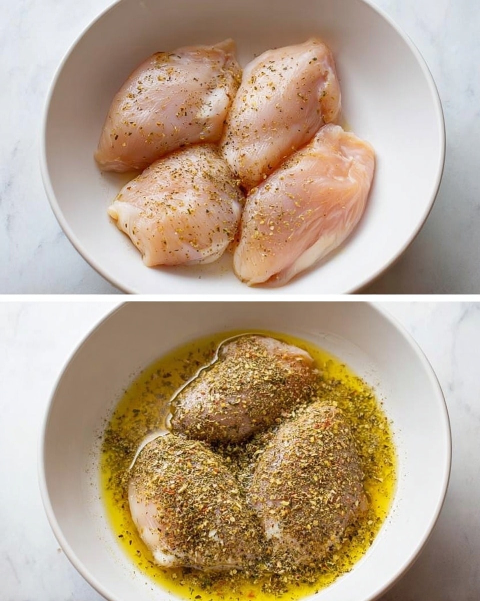 The first image shows a white bowl filled with five raw, light pink chicken pieces. The chicken has a smooth, slightly shiny texture and is arranged neatly inside the bowl. The second image features the same chicken pieces in the same white bowl, now covered with a layer of golden yellow oil and sprinkled generously with a mix of dried herbs and spices, creating a textured, speckled look over the chicken. Both images are set on a white marbled surface. Photo taken with an iphone --ar 4:5 --v 7