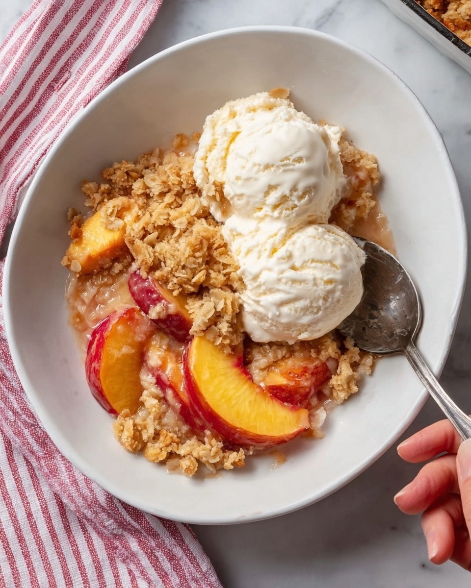 The image shows a white bowl filled with a peach crumble dessert, layered with soft, sliced peach pieces that have a reddish-yellow skin, topped with a crumbly, golden-brown oat mixture. On top of the crumble are two scoops of creamy white vanilla ice cream with visible swirls and ridges. A silver spoon is resting on the edge of the bowl, with a woman's hand about to scoop some dessert. The bowl is placed on a white marbled surface next to a pink and white striped cloth. photo taken with an iphone --ar 4:5 --v 7