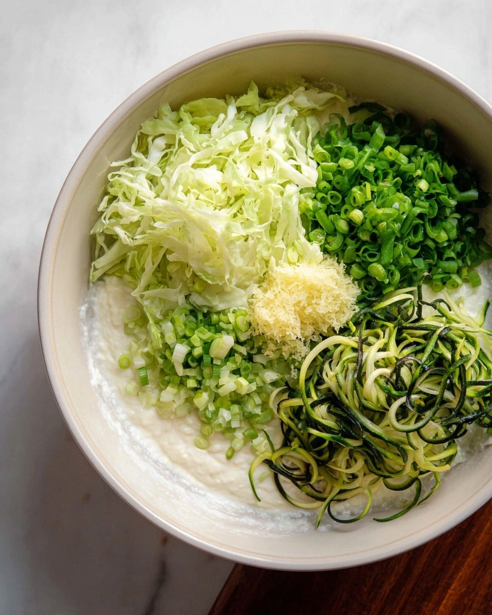 A white bowl filled with three different layers of finely shredded and spiralized green vegetables. The base layer is a creamy white sauce with a smooth texture, covering the bottom of the bowl. On top of it, there are four distinct piles: on the left, light green shredded cabbage with thin and smooth strands; next to it, bright green chopped scallions with small round pieces; on the right side, a mix of dark and light green spiralized zucchini noodles with a slightly curly texture; and near the center, a small dollop of finely grated pale yellow garlic. The bowl is placed on a white marbled surface. Photo taken with an iphone --ar 4:5 --v 7