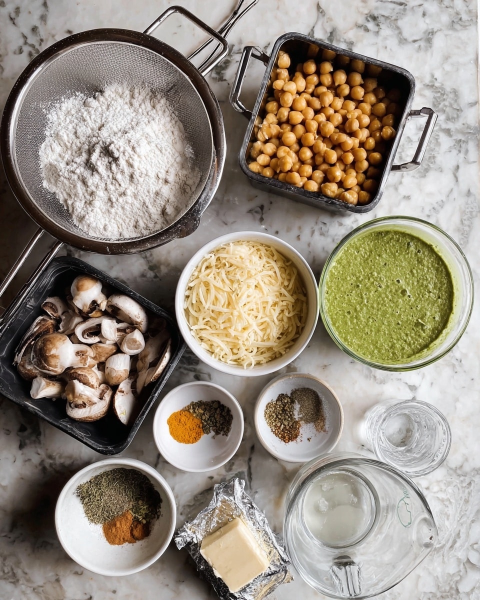 A kitchen scene shows several small white bowls and containers arranged on a white marbled surface, each holding different cooking ingredients. There is a metal strainer with white flour, another metal strainer filled with chickpeas, a black container with sliced mushrooms, a small white bowl with shredded cheese, a white bowl holding a thick green sauce, a small white bowl with mixed dried herbs and spices in green and orange, and another small white bowl with different powders like salt, garlic powder, and pepper. A wrapped silver package of cream cheese and a glass measuring cup with some water are also visible, creating a neat and organized layout of ingredients ready for cooking. photo taken with an iphone --ar 4:5 --v 7
