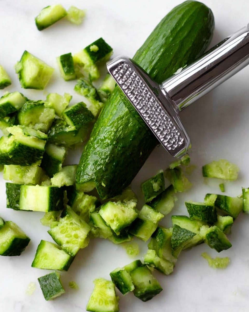The image shows a whole dark green cucumber being smashed with a silver metal meat tenderizer on a white marbled surface. Around the whole cucumber, there are roughly chopped cucumber pieces, showing light green flesh with watery texture and darker green skins. The metal tool is angled and pressing down on the cucumber, creating soft crushed parts on the cucumber flesh. photo taken with an iphone --ar 4:5 --v 7