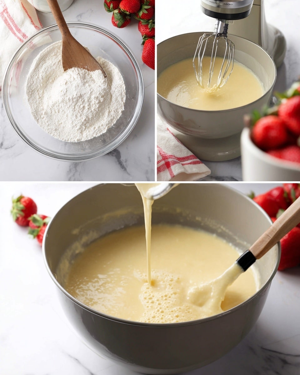 The image shows three steps of making a batter. On the left, a clear glass bowl with white flour and a wooden spoon rests on a white marbled surface above a gray mixing bowl with a pale yellow batter being mixed by a beater. In the middle, a gray metal mixing bowl is attached to a mixer, with milk being poured into the pale yellow batter inside, fresh red strawberries blurred in the background on the white marbled surface. On the right, a gray metal bowl holds smooth pale yellow batter with bubbles, and a wooden spatula with a black silicone end stirring it, with more red strawberries in a white bowl and on the white marbled surface nearby. photo taken with an iphone --ar 4:5 --v 7