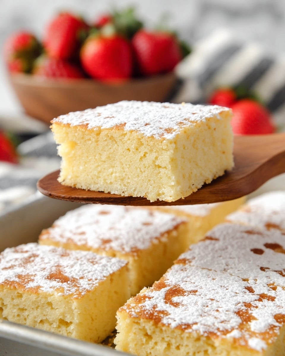 A close-up view shows a soft, thick square piece of light yellow cake with a golden brown top dusted lightly with white powdered sugar, held by a wooden spatula, with several similar square pieces of cake arranged in a pan below, each piece also topped with powdered sugar and golden brown spots. In the background, a blurred bowl filled with fresh red strawberries adds a splash of color, all set on a white marbled surface. Photo taken with an iphone --ar 4:5 --v 7