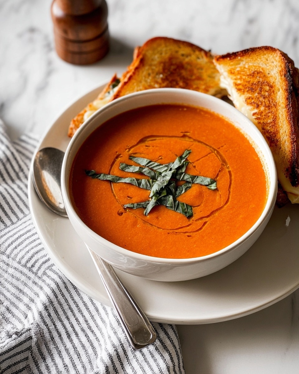 A creamy, smooth orange tomato soup fills a white bowl, topped with thin, dark green basil strips arranged in the center, and a light drizzle of olive oil creating thin swirls on the surface. The bowl sits on a white plate, which also holds two grilled cheese sandwich halves, crispy and golden brown on the outside with melted white cheese stretching between them. A silver spoon lies next to the bowl on the plate, and the setting is on a white marbled surface with a striped cloth underneath and a brown pepper grinder nearby. Photo taken with an iphone --ar 4:5 --v 7