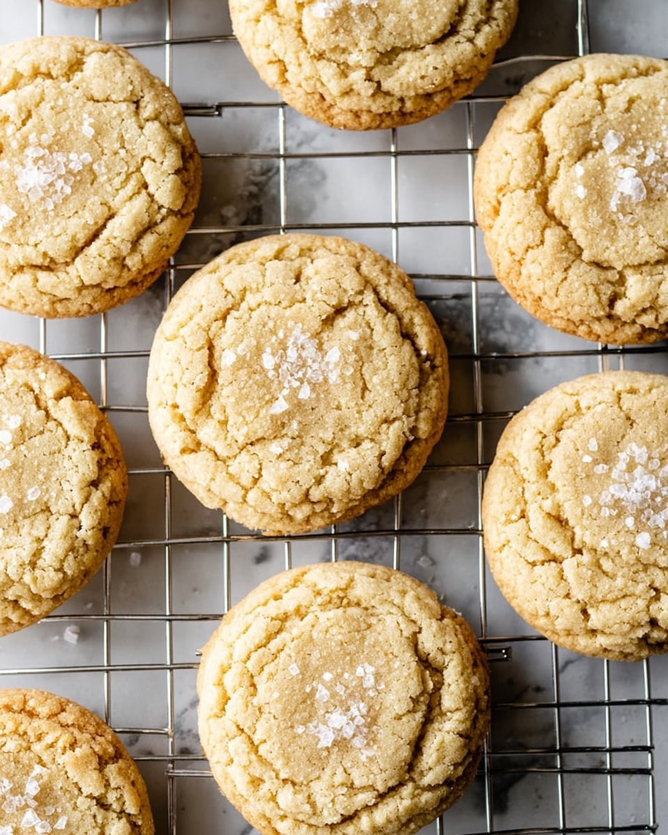 The image shows nine round cookies cooling on a metal wire rack. Each cookie is light golden brown with a slightly cracked texture on top and a soft, crumbly appearance. Small white flakes of sea salt are sprinkled unevenly on the surface, adding contrast. The cookies are spaced apart on the rack, which sits over a white marbled textured surface visible through the gaps. The overall feel is warm and fresh from the oven. photo taken with an iphone --ar 4:5 --v 7