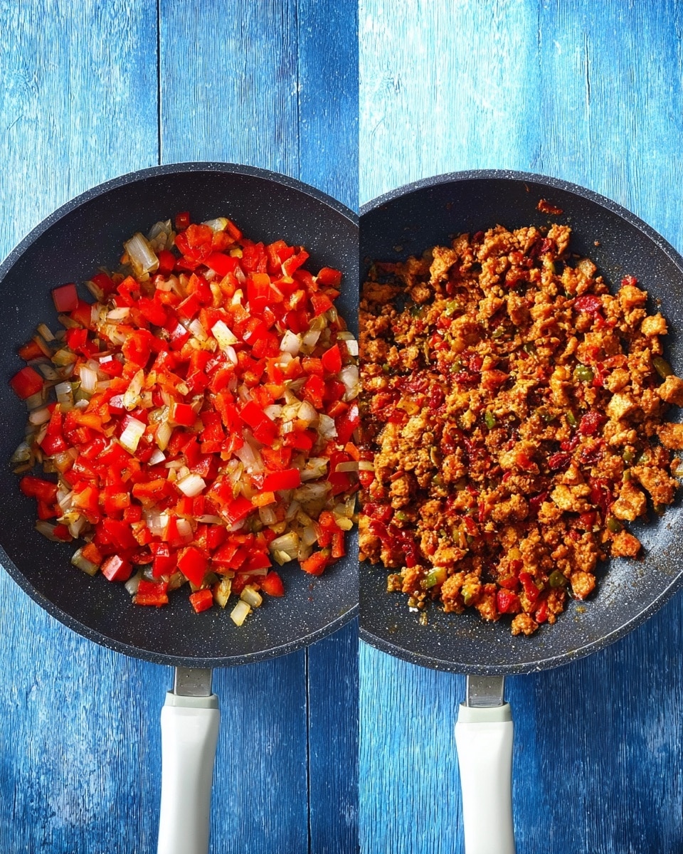 The image shows two black pans with white handles placed side by side on a blue wooden surface. The left pan contains a mix of diced red bell peppers and onions, showing bright red and white colors with a fresh and slightly shiny texture all over the pan's bottom layer. The right pan holds cooked diced vegetables and ground meat, browned and mixed with visible spices, resulting in a darker, reddish-brown layer that covers the entire pan floor evenly. Both pans show clear texture differences between raw and cooked ingredients. photo taken with an iphone --ar 4:5 --v 7