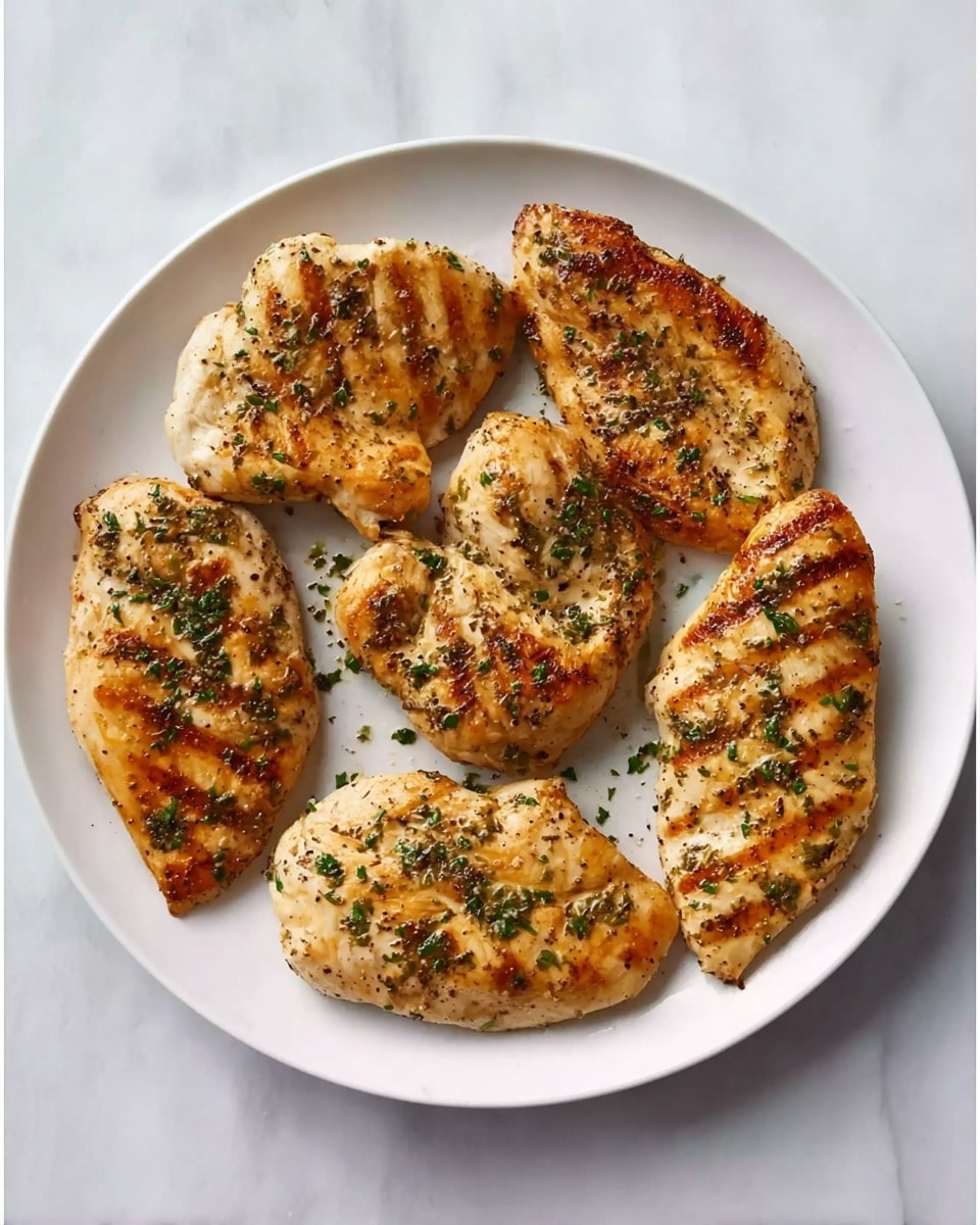 A white plate holds six pieces of cooked chicken fillets arranged in a circle, each with a golden-brown color and light grill marks, speckled with green herbs and black pepper. The chicken pieces vary in size and shape but all have a juicy and tender texture. The plate is set on a white marbled surface that contrasts softly with the warm tones of the chicken photo taken with an iphone --ar 4:5 --v 7