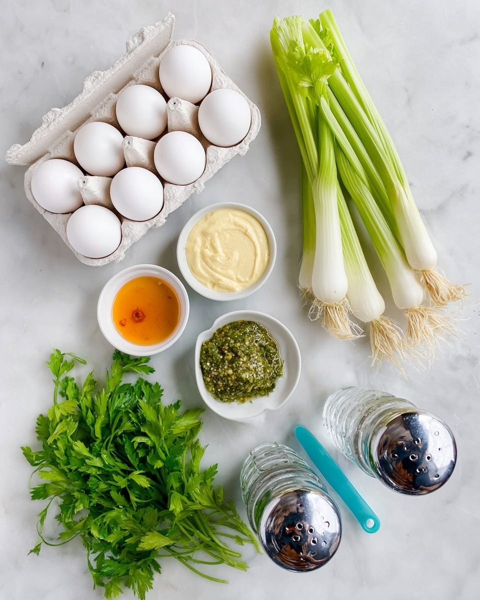 The image shows a flat top view of cooking ingredients arranged on a white marbled surface. There are six white eggs placed in a white egg carton on the left side, three long green onions with white roots laid horizontally above them, and a bunch of fresh green celery leaves towards the bottom left. In the middle right, three small white bowls hold different sauces: one with yellow mustard, one with a green relish-like mixture, and the last with a small amount of orange hot sauce. Close to the bottom right, there are two clear glass salt and pepper grinders with metal tops, and a blue measuring cup filled with a creamy white substance is placed near the bottom left. The overall color contrast is fresh and bright with greens, whites, and subtle yellow and orange tones photo taken with an iphone --ar 4:5 --v 7
