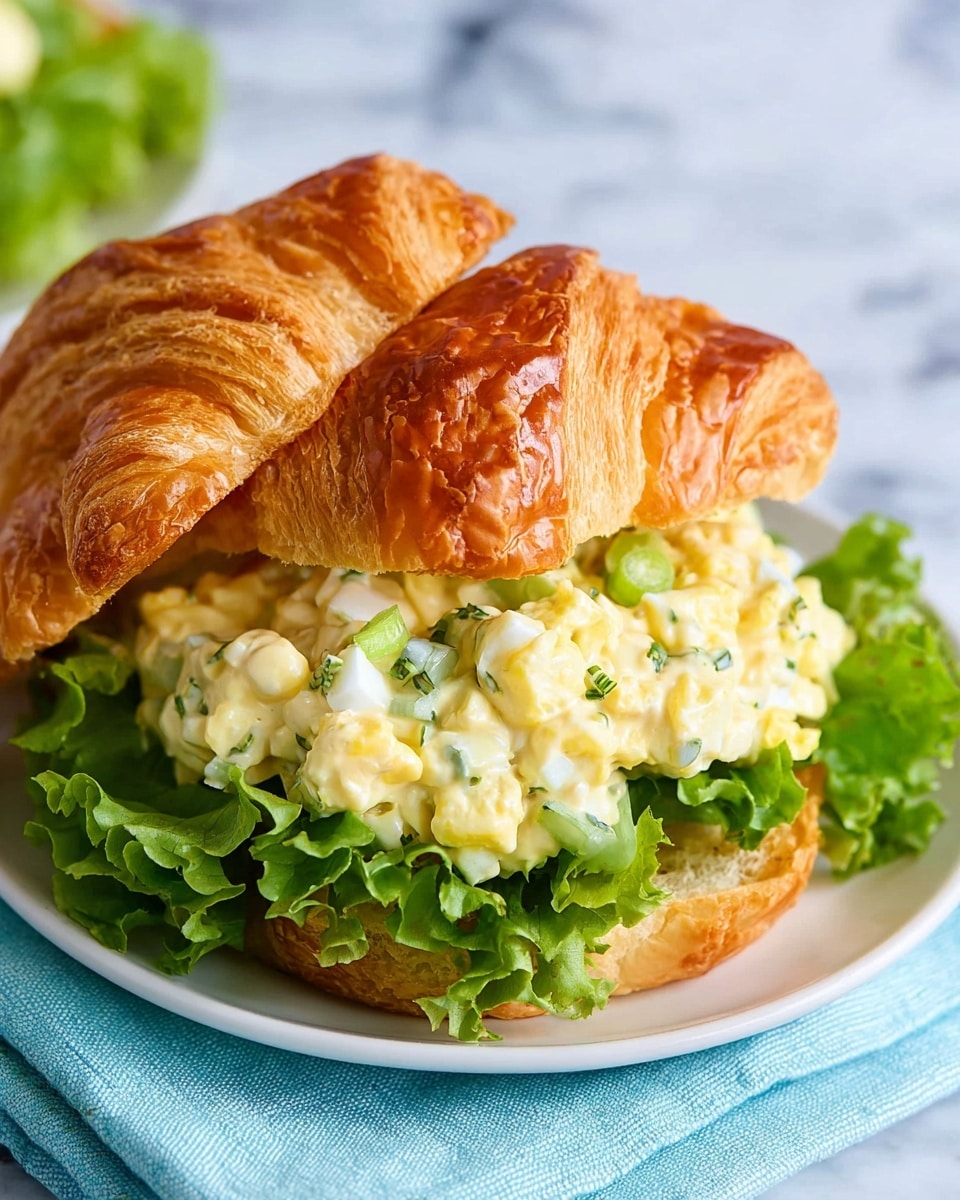 A sandwich with a flaky, golden-brown croissant sliced in half, showing a thick layer of creamy egg salad mixed with small green pieces of celery or herbs, resting on bright green curly leaf lettuce; the croissant top is slightly lifted to reveal the filling, all placed on a white plate with a light blue cloth underneath and a white marbled surface in the background. photo taken with an iphone --ar 4:5 --v 7