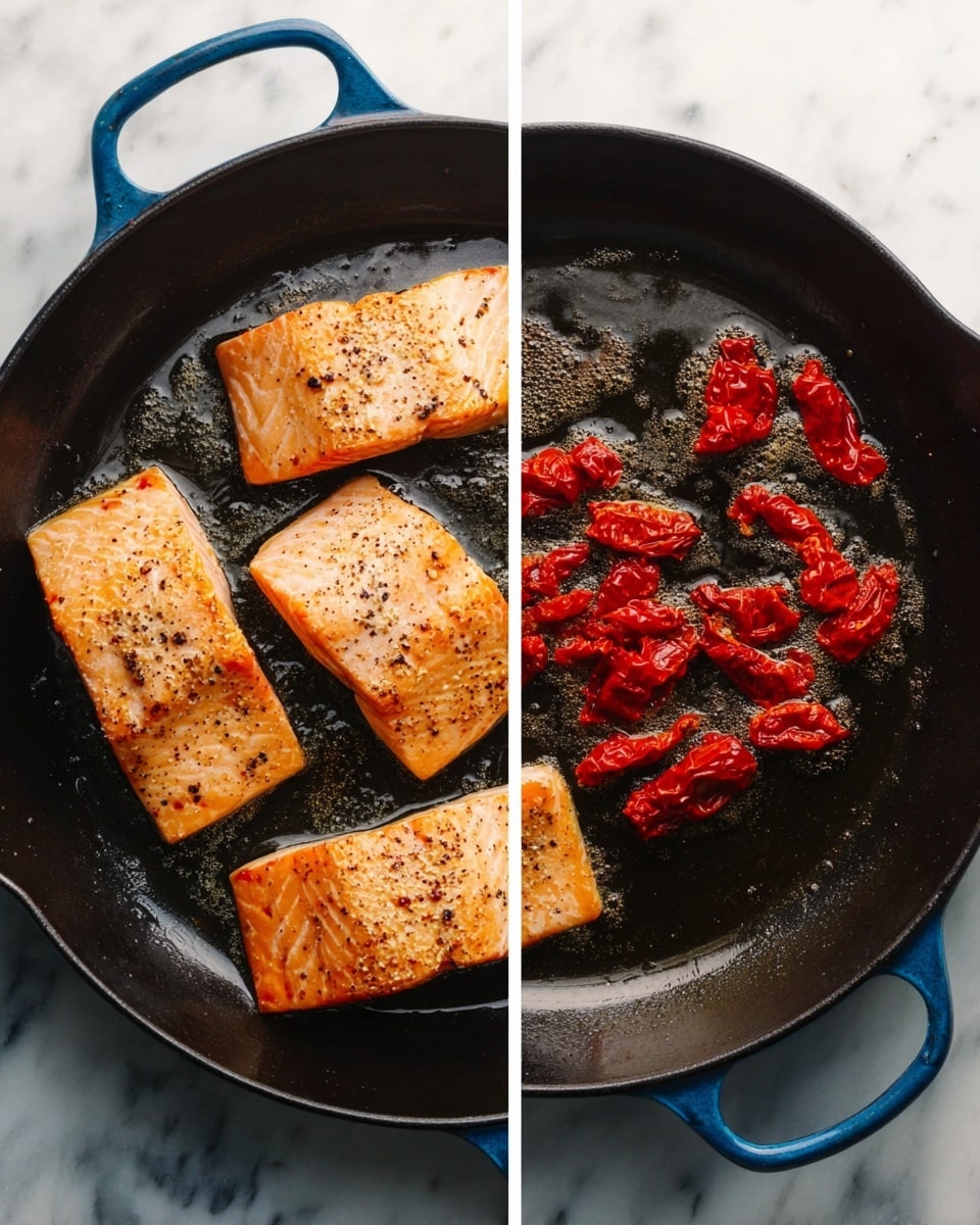 The image shows a black cast iron pan with a blue handle on a white marbled surface in two views. On the left side, the pan holds four rectangular pieces of cooked salmon with a golden brown top layer, showing a slightly crisp texture with some black pepper seasoning, and the flesh underneath is light pink. On the right side, the pan contains small pieces of bright red sun-dried tomatoes sizzling in oil, creating a shiny texture with small bubbles around them. The contrast between the cooked salmon and the sun-dried tomatoes highlights the rich colors and textures of the ingredients. photo taken with an iphone --ar 4:5 --v 7