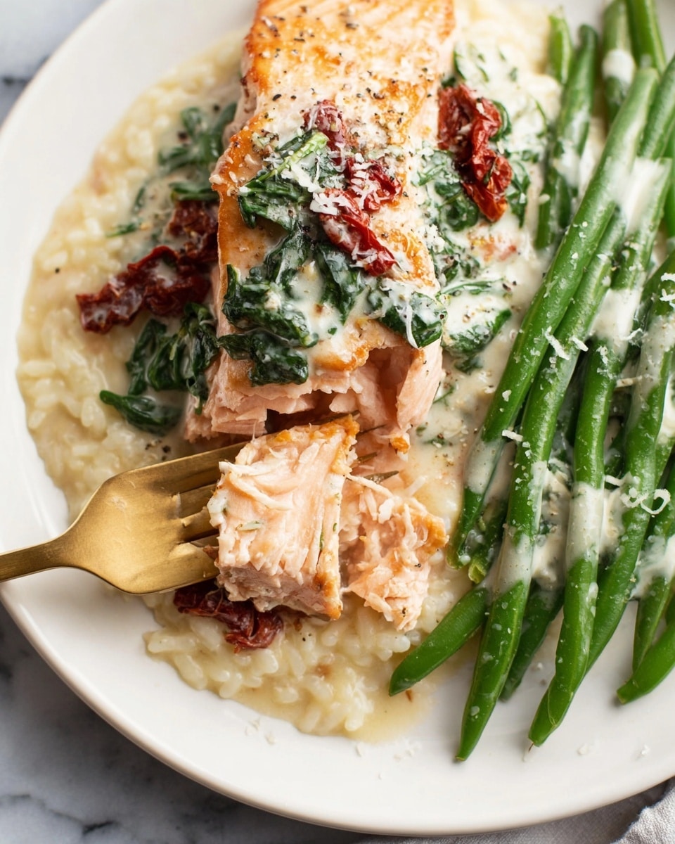 The image shows a white plate with three main layers of food. The bottom layer is light beige creamy risotto with a soft texture. On top of the risotto, there is a golden-brown cooked salmon filet with a slight crust on the outside and tender inside, partially lifted by a gold fork. The top layer on the salmon has green spinach leaves mixed with sun-dried red tomatoes, all covered in a creamy white sauce with some grated cheese sprinkled over. To the right side of the plate, there are bright green cooked green beans also drizzled lightly with the creamy white sauce. The plate is placed on a white marbled textured surface. photo taken with an iphone --ar 4:5 --v 7