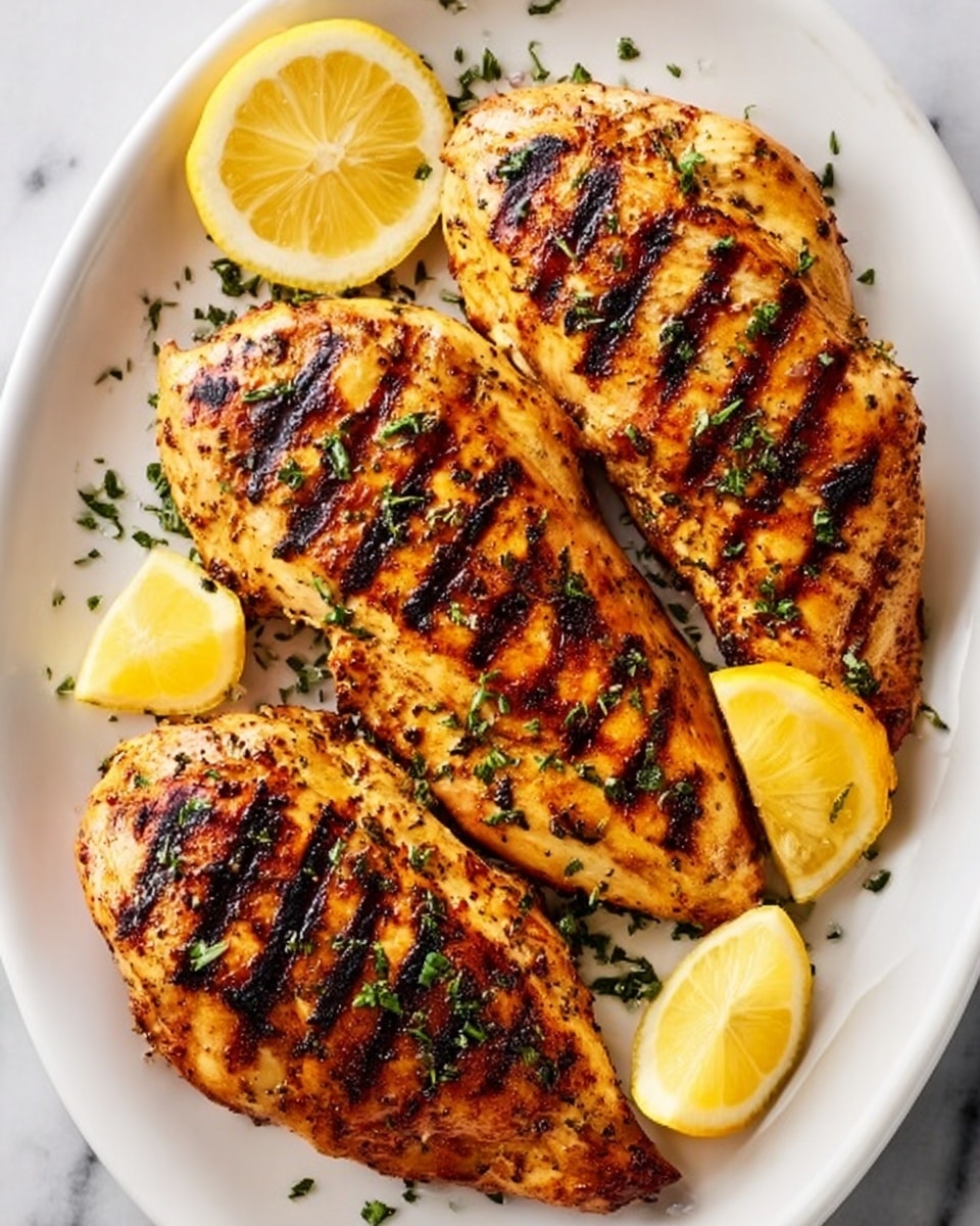 A white plate with three grilled chicken pieces arranged side by side, each chicken with golden-brown color and dark grill marks on top, sprinkled with small green herb bits. Around the chicken pieces are several lemon wedges with bright yellow skin and juicy white flesh. The background surface is a white marbled texture. photo taken with an iphone --ar 4:5 --v 7