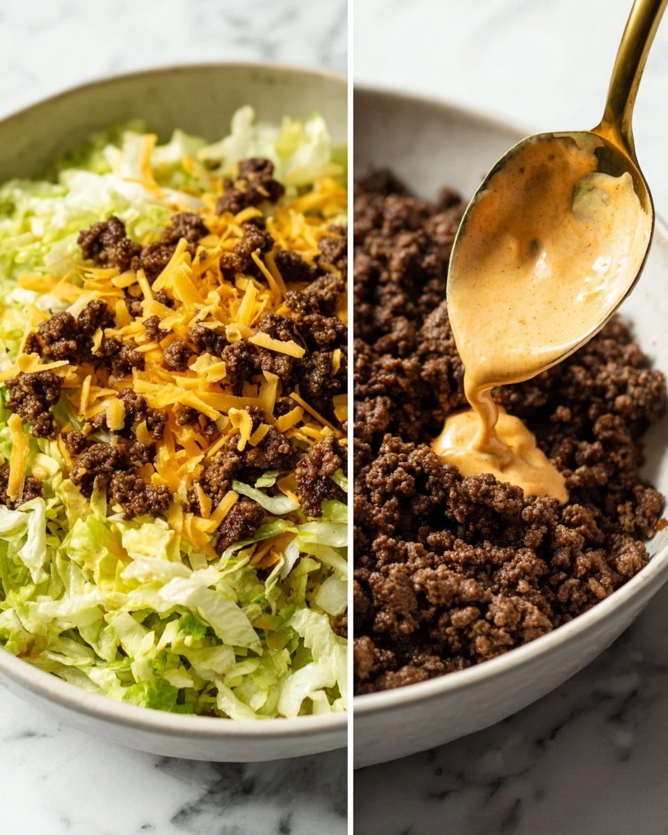 The image shows a close-up of a white bowl filled with three main layers. The bottom layer is light green shredded lettuce, looking fresh and crisp. Above that, there is a layer of cooked ground beef, which is dark brown and crumbly in texture. On top of the beef, small pieces of shredded orange cheese are scattered unevenly. A golden spoon is drizzling a creamy orange sauce over the beef and cheese, with the sauce visibly thick and smooth. This scene is set on a white marbled surface. Photo taken with an iphone --ar 4:5 --v 7