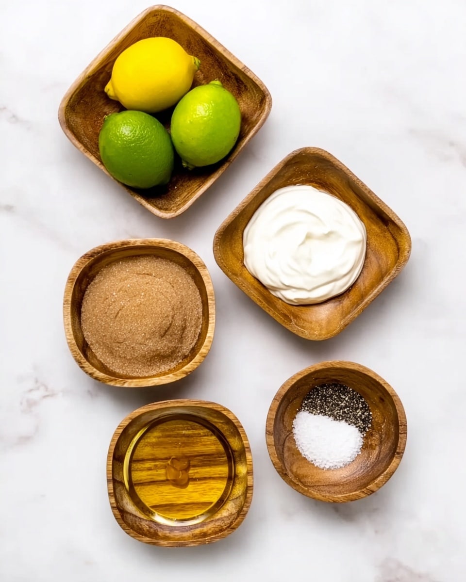 The image shows five small wooden square and round bowls arranged on a white marbled surface. The top left square bowl holds two green limes and one yellow lemon with smooth skin. To the right, another square bowl contains thick white yogurt with a creamy texture. Below, three round wooden bowls are placed vertically: the top round bowl has a mixture of brown sugar with a soft uneven surface, the middle round bowl contains clear golden honey with a sticky shine, and the bottom round bowl is filled with white salt and black pepper side by side, creating a stark contrast in texture and color. Photo taken with an iphone --ar 4:5 --v 7