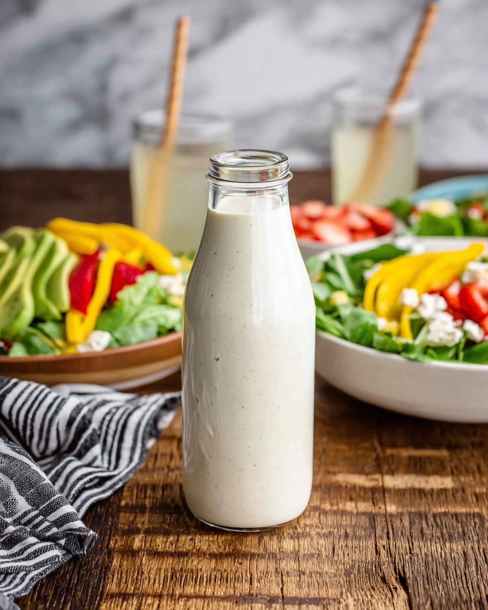 A tall, clear glass bottle filled with creamy white dressing stands in the center on a rustic wooden table. Behind it, there are two white bowls of fresh salad, each layered with green avocado slices, yellow mango chunks, red strawberry slices, white cheese bits, and leafy greens arranged in neat rows. Two clear glasses with light-colored drinks and wooden straws are placed behind the salads. The background surface is a white marbled texture, and part of a black-and-white striped cloth is visible under one salad bowl. Photo taken with an iphone --ar 4:5 --v 7