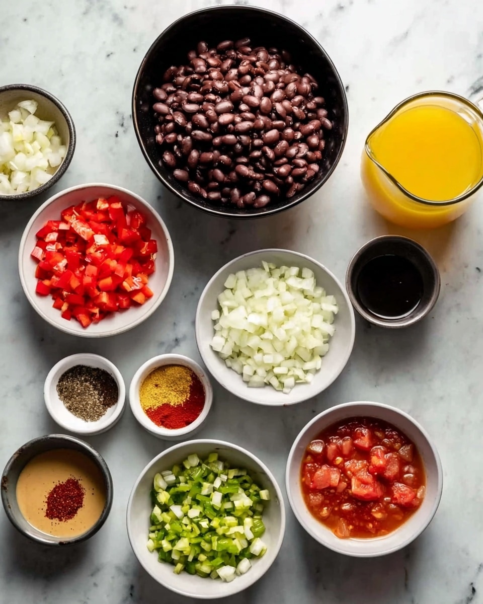 A flat lay of several small white bowls and one black bowl placed on a white marbled surface, each bowl containing different ingredients for cooking. The largest bowl, black, is filled with dark brown beans. Surrounding it are smaller white bowls with chopped white onions, chopped red bell peppers, chopped green chili peppers, and diced tomatoes in a red sauce. There are also small bowls with spices: one with a dark brown spice, one with a yellow-brown spice, and another with red chili powder. Additionally, there is a small bowl with a creamy light brown liquid, a small bowl with minced garlic, and a small black bowl with a dark liquid. On the right side, there is a glass pitcher filled with a yellow-orange liquid. The composition is neat and colorful with a focus on fresh cooking ingredients, photo taken with an iphone --ar 4:5 --v 7