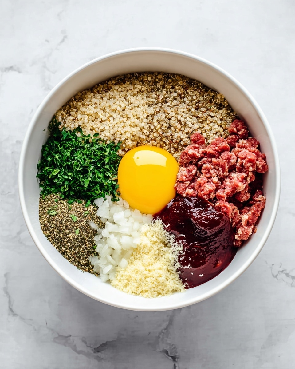 A white bowl sits on a white marbled surface filled with seven distinct layers of ingredients arranged separately but closely. Starting from the top center moving clockwise, there is a layer of light brown quinoa with a seed-like texture, next to a raw egg yolk that is smooth and bright yellow. Beside the egg yolk, there is a pile of chopped fresh green herbs, followed by a layer of ground black pepper mixed with some dried herbs and next to it, a small pile of white salt. Below the salt, there is a portion of raw ground red meat with a crumbly texture. Above the meat is a dark red sauce, glossy and thick. Lastly, on the left side, there is a layer of finely chopped white onion and a small amount of grated beige cheese above it. photo taken with an iphone --ar 4:5 --v 7