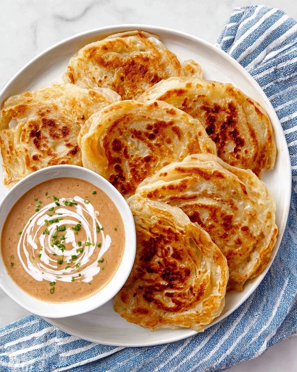 The image shows a white round plate on a white marbled surface with five folded, golden-brown crispy flatbreads arranged in a circular pattern. Each flatbread has visible layers and a slightly shiny, flaky texture with darker toasted spots on top. On the left side of the plate, there is a small white bowl filled with a creamy, light brown dipping sauce, garnished with a swirl of white cream and small pieces of green herbs. A blue and white striped cloth partially peeks out from underneath the plate. photo taken with an iphone --ar 4:5 --v 7