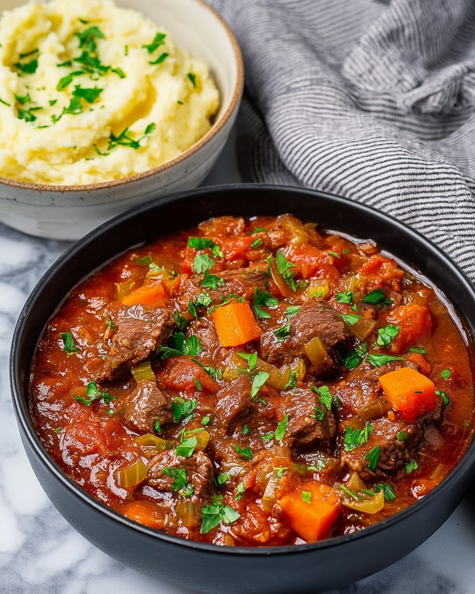 A black bowl filled with a rich, chunky beef stew sits on a white marbled surface. The stew has three main layers: the bottom layer has a thick, deep red tomato-based sauce with a glossy, slightly oily texture; the middle layer is made of tender brown beef pieces and bright orange carrot cubes mixed throughout; the top layer has translucent cooked onions, light green celery bits, and small fresh green parsley leaves scattered evenly on the surface. Behind the bowl, there is a white bowl filled with creamy pale yellow mashed potatoes, topped with small green parsley pieces. A striped gray and white cloth is placed next to the bowls. Photo taken with an iphone --ar 4:5 --v 7