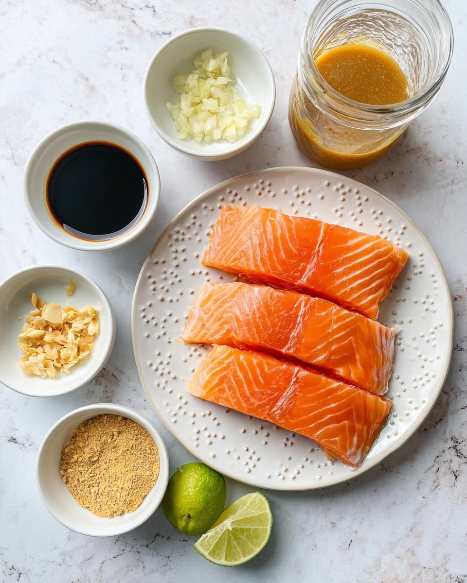The image shows four bright orange raw salmon slices neatly stacked on a white plate with small dots. Around the plate are five small white bowls containing different ingredients: a dark soy-like liquid, chopped garlic and ginger, grainy mustard, and smooth mustard. Next to these bowls is a glass jar filled with a golden brown sauce and two lime halves placed beside it. All items are set on a white marbled surface. Photo taken with an iphone --ar 4:5 --v 7