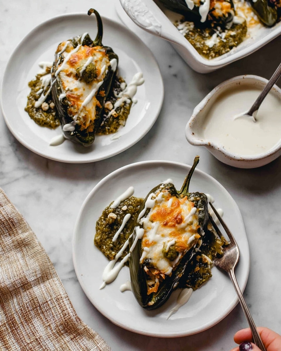 The image shows two stuffed poblano peppers on separate white plates, each pepper cut open and filled with a mixture that is golden-brown on top, likely melted cheese with some bits of filling visible inside. The peppers have a dark green color with a glossy, slightly wrinkled skin. Under each pepper, there is a spreading of chunky green sauce with seeds visible, and a zigzag drizzle of white creamy sauce on top of the peppers. In the background, there is a white bowl filled with more of the white sauce with a small white spoon resting inside it. The entire setting is on a white marbled surface, with part of a larger white serving dish holding more stuffed peppers partially visible. A silver fork rests on one plate with some filling on it, and a woman's hand is holding it. Photo taken with an iphone --ar 4:5 --v 7