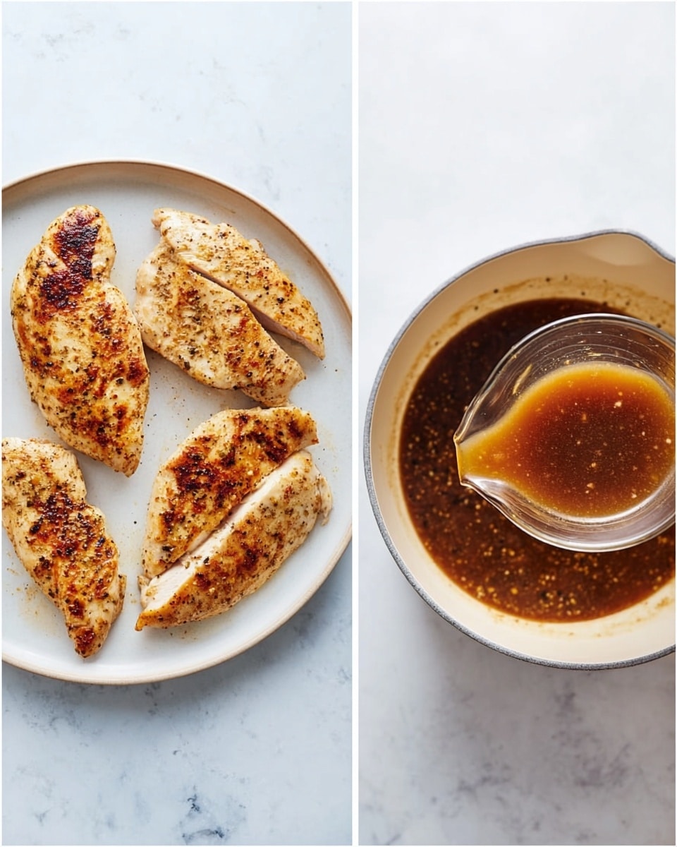 The image shows two scenes side by side on a white marbled surface. On the left, four cooked chicken breasts are placed on a simple white round plate. The chicken pieces are golden brown with some darker char marks, showing a slightly crisp texture. They are arranged loosely with two pieces on the top and two on the bottom, revealing their juicy inside edges. On the right side, a white pot with some dark brown sauce is shown, with more sauce being poured into it from a small glass container. The sauce has a shiny, smooth texture with visible small black pepper flakes floating, creating a rich and savory look. The pot’s interior has light areas where the sauce has not fully covered. photo taken with an iphone --ar 4:5 --v 7