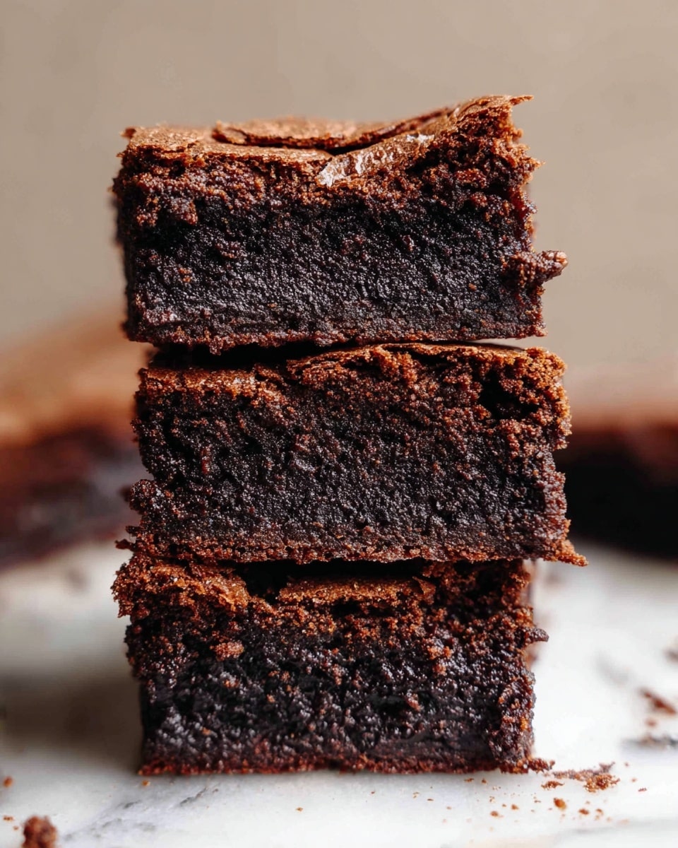 The image shows three stacked dark brown brownies arranged vertically, each with a rough, textured surface on top and moist, dense interior layers visible from the side. The brownies appear thick with a slightly cracked crust on the edges, and they rest on a white marbled surface with small crumbs scattered around. Photo taken with an iphone --ar 4:5 --v 7