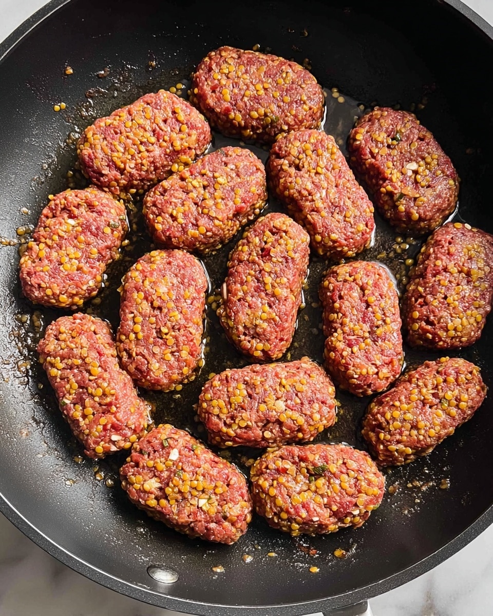 A black pan contains about twenty small oval-shaped raw meat patties mixed with visible orange lentils and small white pieces, evenly spread inside it on a white marbled surface. The patties have a rough texture, with the lentils giving them a dotted, uneven look. The pan's cooking surface is shiny with a bit of oil near the patties, adding a slight reflective shine. In the bottom right corner, a woman's hand is slightly visible, holding onto the pan handle. photo taken with an iphone --ar 4:5 --v 7