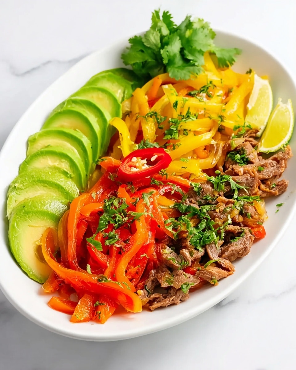 The dish has four main layers arranged side by side on a white oval plate placed on a white marbled surface. Starting from the left, there are thin slices of bright green avocado arranged in a neat fan shape. Next to the avocado, there is fresh green cilantro with a small slice of red chili pepper on top. In the middle, there is a mix of cooked yellow, red, and orange bell pepper strips with a shiny, soft texture, sprinkled with chopped green herbs. To the right of the peppers, there are small, brown pieces of cooked meat with a slightly rough texture, also topped with chopped herbs. Two lemon wedges are placed on the edge near the meat, adding a fresh yellow highlight. photo taken with an iphone --ar 4:5 --v 7