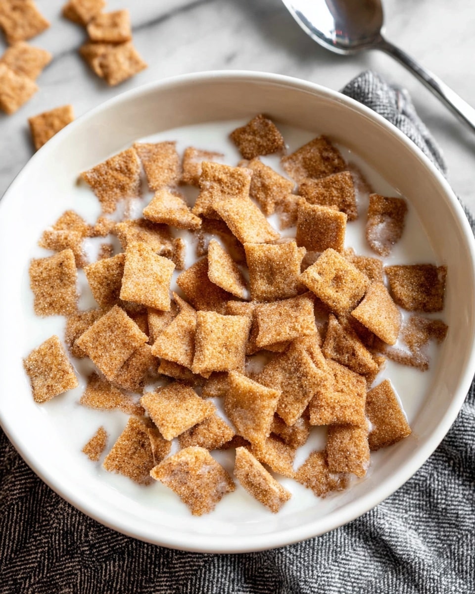 The image shows a white bowl filled with white milk as the bottom layer, topped with a thick layer of square-shaped cinnamon sugar cereal pieces that are golden brown with a slightly rough texture. The cereal pieces cover the milk fully and some pieces lay flat while others are slightly angled or stacked, creating a sense of depth. The bowl sits on a white marbled surface with a gray patterned cloth partially visible underneath, and the background contains a shiny silver spoon resting near the bowl. Photo taken with an iphone --ar 4:5 --v 7