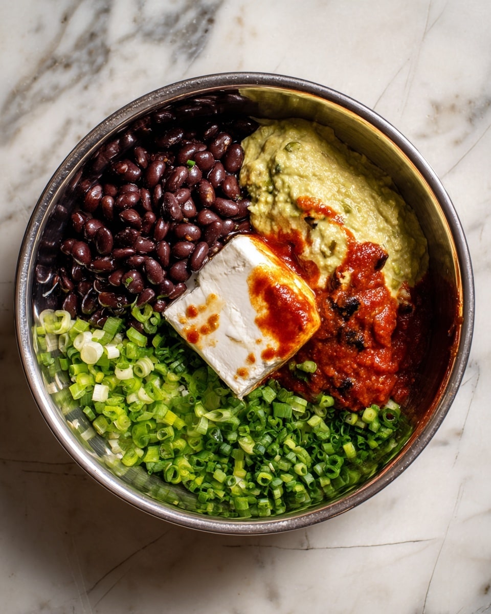 A round metal mixing bowl sits on a white marbled surface, filled with four distinct ingredients arranged in separate sections: dark purple black beans on the left, a thick light greenish-yellow sauce on the top right, a white block of cream cheese below the sauce with some red hot sauce drizzled over it, and a pile of fresh chopped green onions at the bottom left. The inside of the bowl is shiny and reflective, highlighting the vivid colors and textures of the ingredients photo taken with an iphone --ar 4:5 --v 7